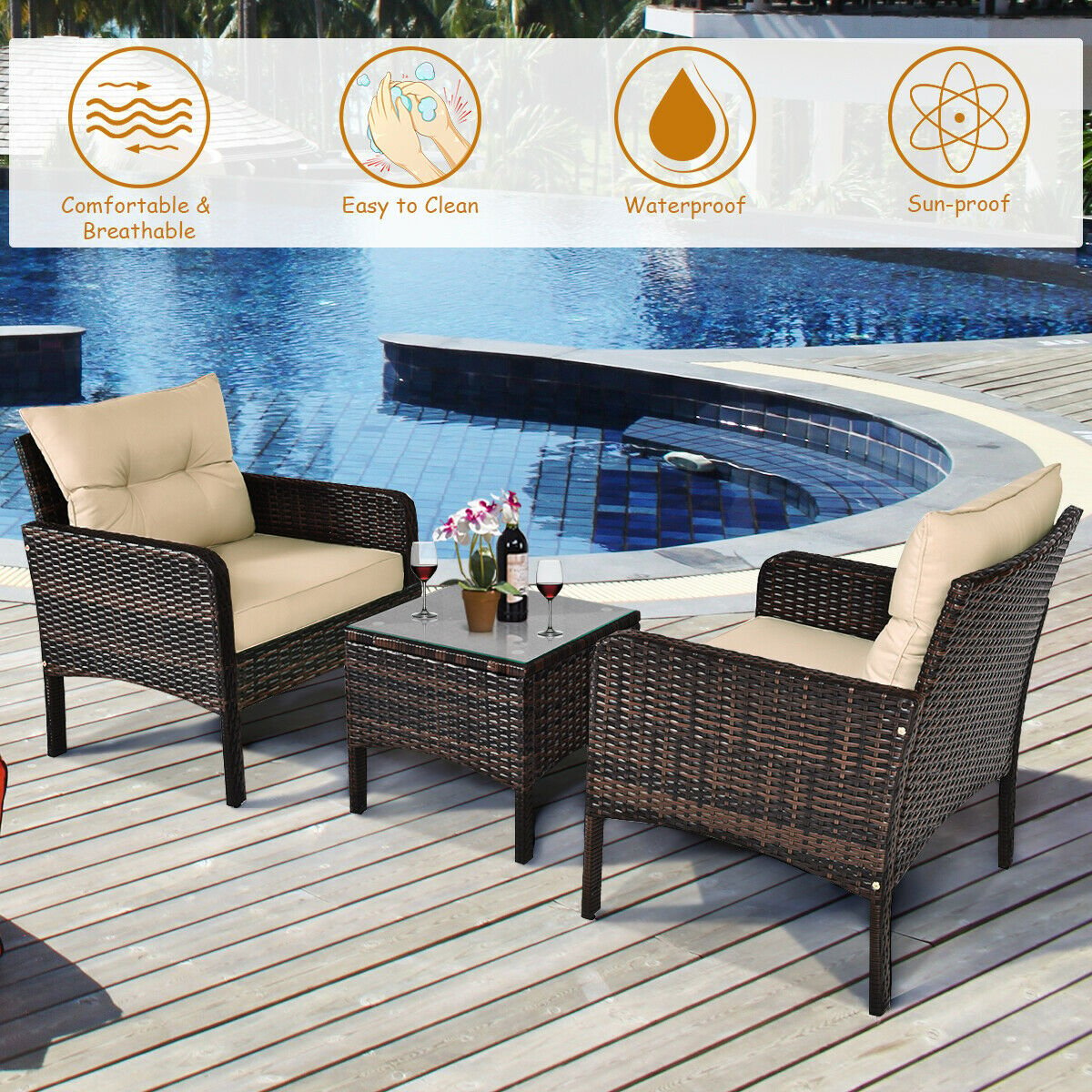 3 Pieces Outdoor Patio Rattan Conversation Set with Seat Cushions, Beige - Gallery Canada