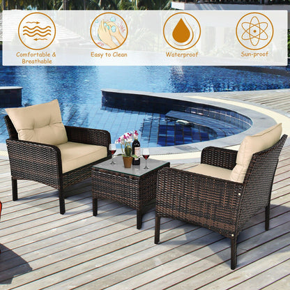 3 Pieces Outdoor Patio Rattan Conversation Set with Seat Cushions, Beige Patio Conversation Sets   at Gallery Canada