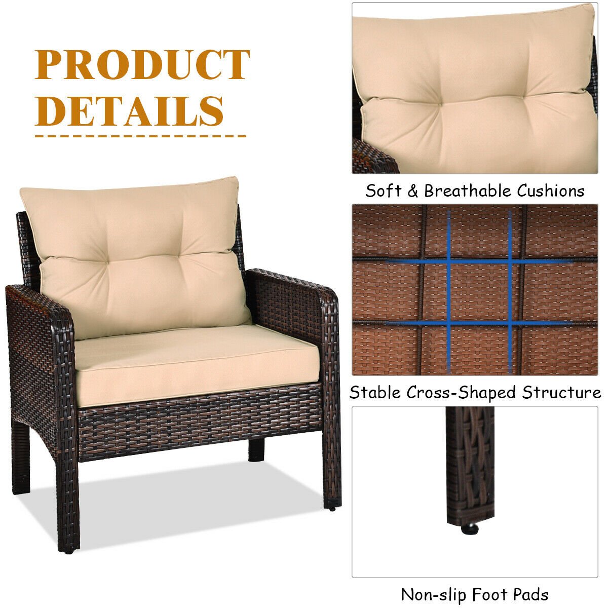 3 Pieces Outdoor Patio Rattan Conversation Set with Seat Cushions, Beige - Gallery Canada