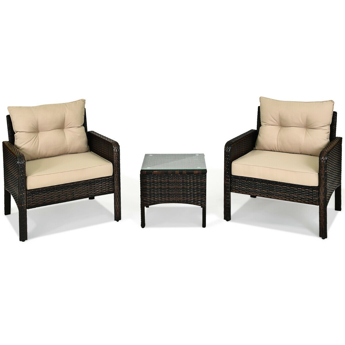 3 Pieces Outdoor Patio Rattan Conversation Set with Seat Cushions, Beige Patio Conversation Sets   at Gallery Canada