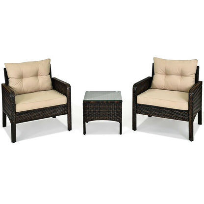 3 Pieces Outdoor Patio Rattan Conversation Set with Seat Cushions, Beige - Gallery Canada