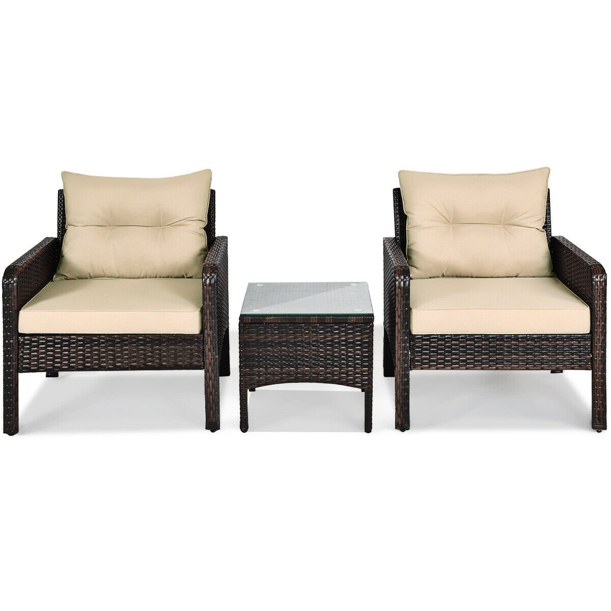 3 Pieces Outdoor Patio Rattan Conversation Set with Seat Cushions, Beige - Gallery Canada