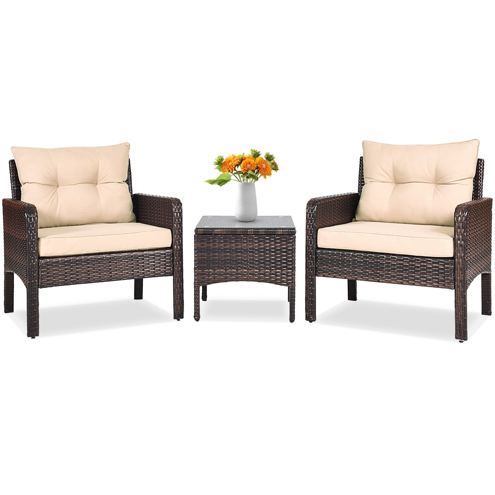 3 Pieces Outdoor Patio Rattan Conversation Set with Seat Cushions, Beige Patio Conversation Sets   at Gallery Canada