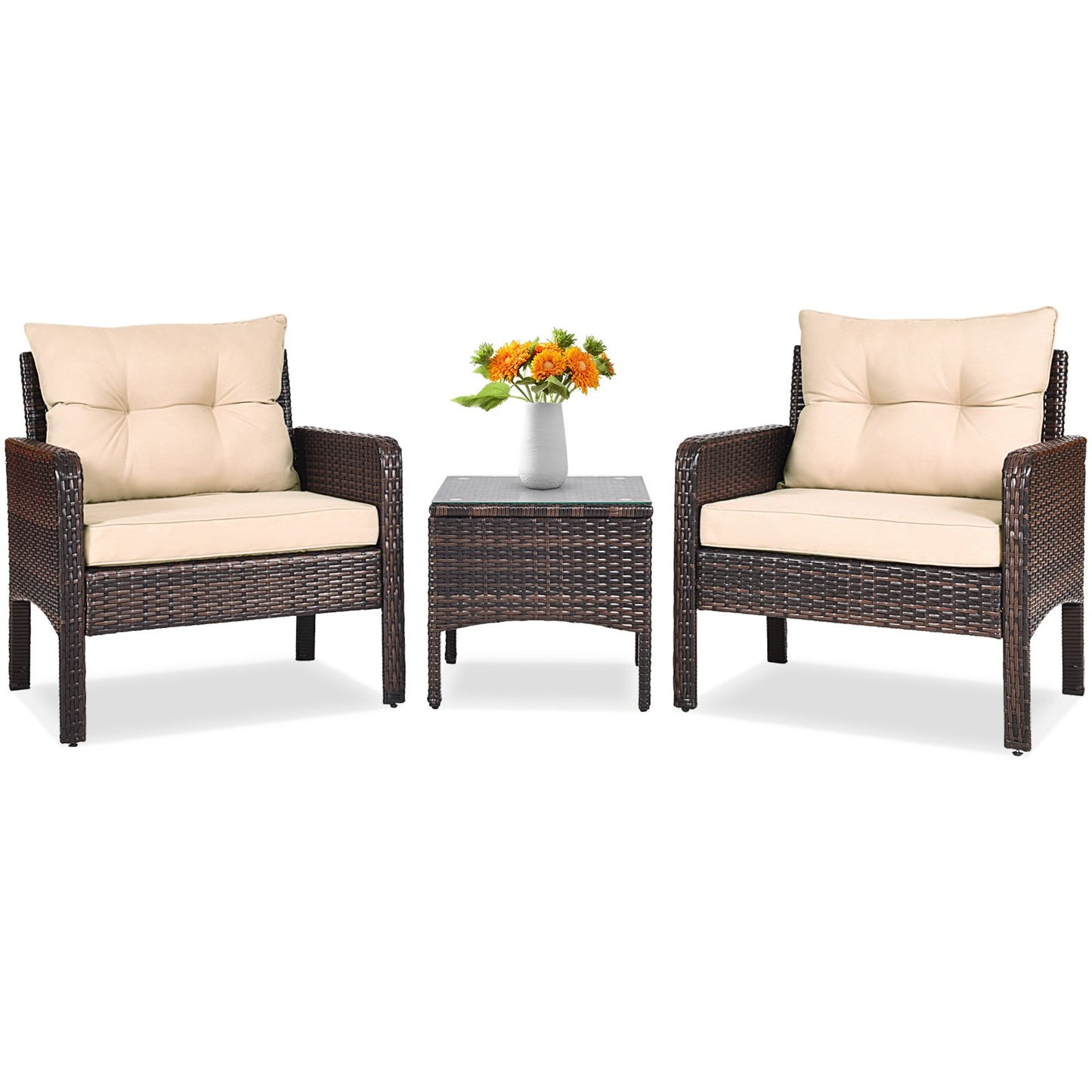 3 Pieces Outdoor Patio Rattan Conversation Set with Seat Cushions, Beige - Gallery Canada