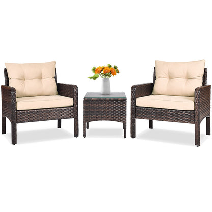 3 Pieces Outdoor Patio Rattan Conversation Set with Seat Cushions, Beige Patio Conversation Sets   at Gallery Canada