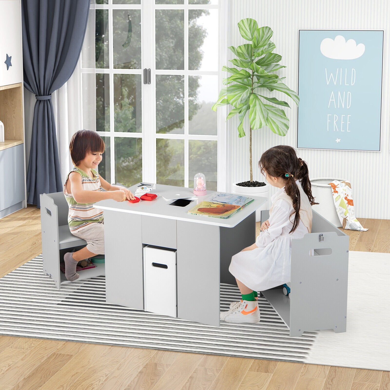 4-in-1 Kids Table and Chairs with Multiple Storage for Learning, Gray Kids Table & Chair Sets   at Gallery Canada