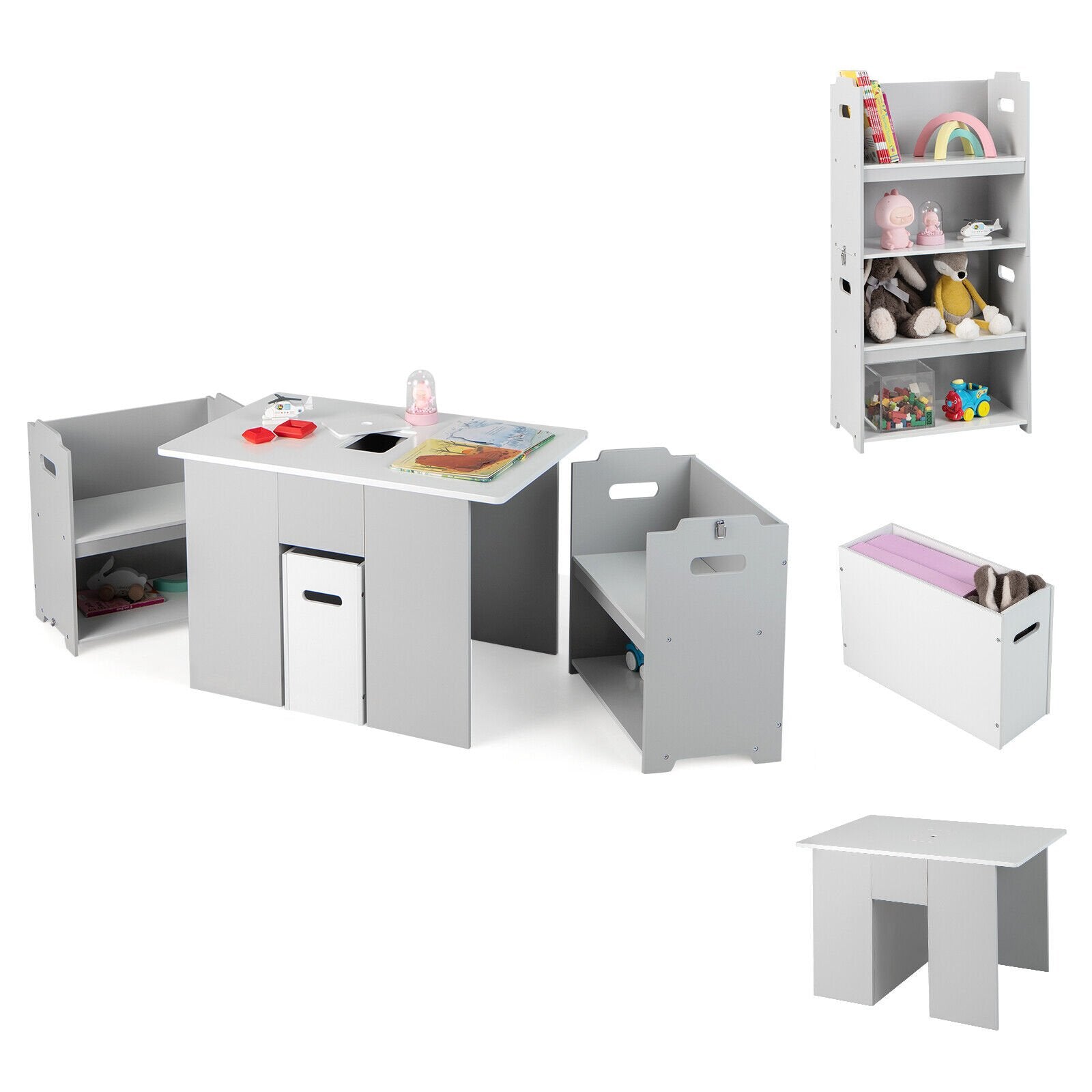 4-in-1 Kids Table and Chairs with Multiple Storage for Learning, Gray Kids Table & Chair Sets   at Gallery Canada