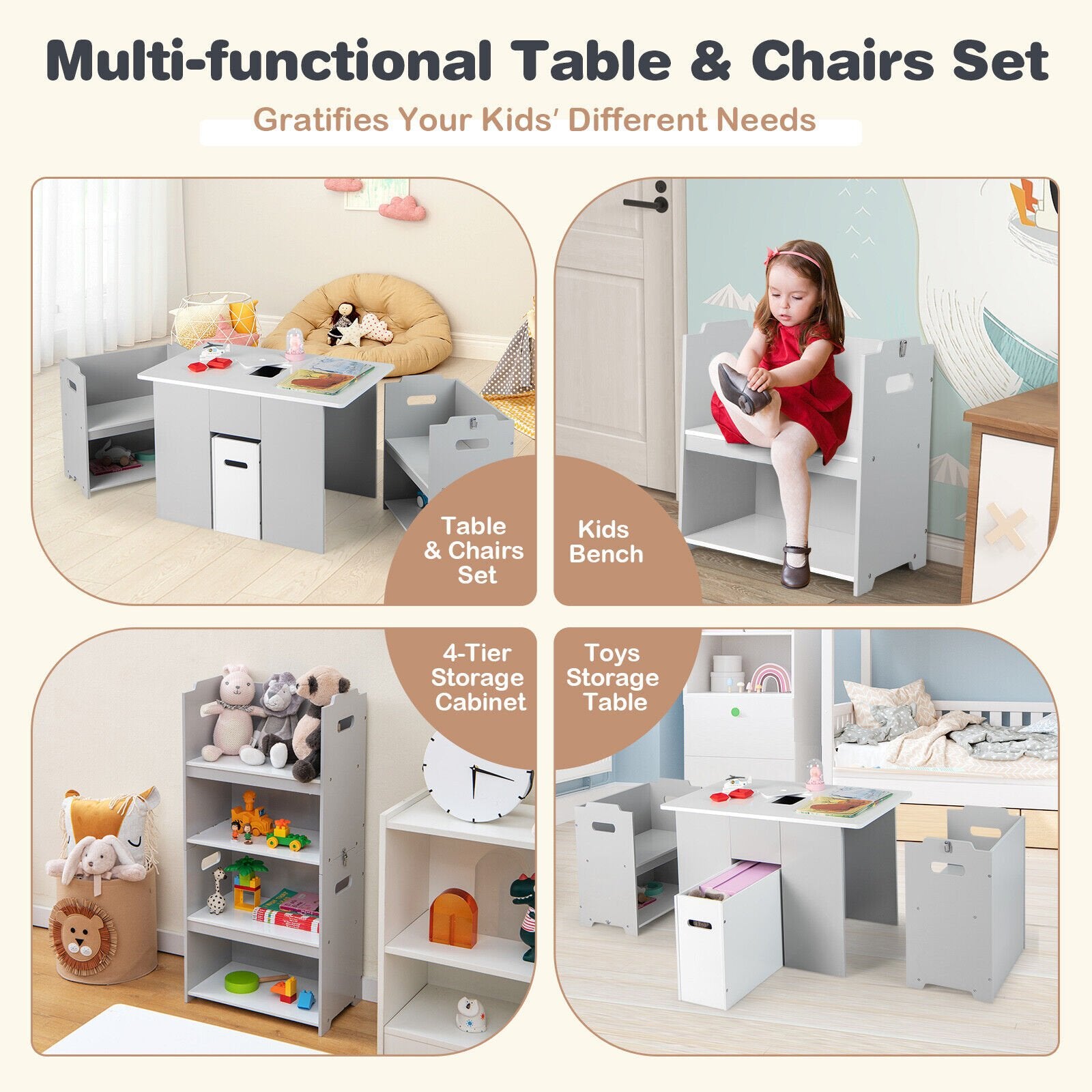 4-in-1 Kids Table and Chairs with Multiple Storage for Learning, Gray Kids Table & Chair Sets   at Gallery Canada