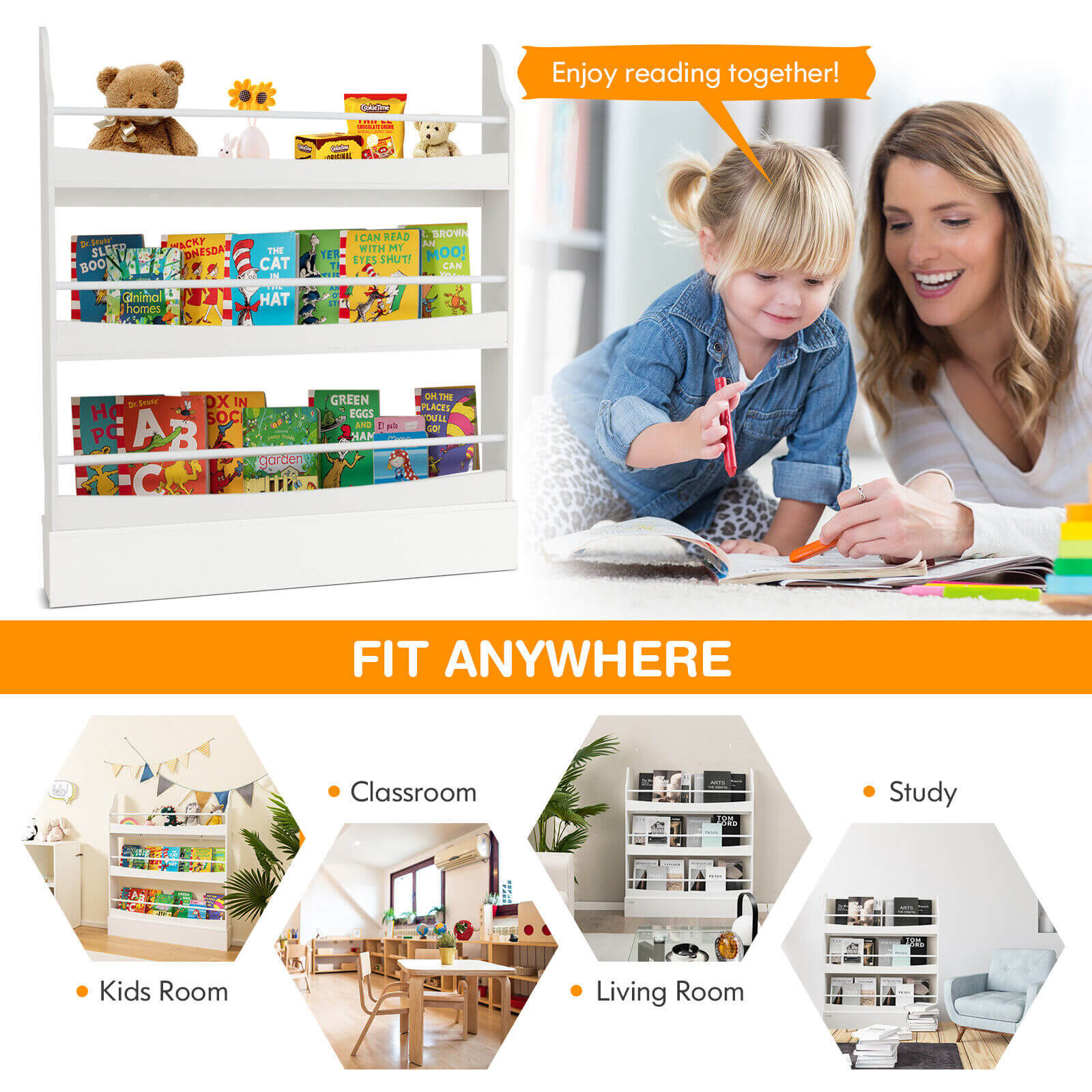 3-Tier Bookshelf with 2 Anti-Tipping Kits for Books and Magazines, White Kids Storage   at Gallery Canada