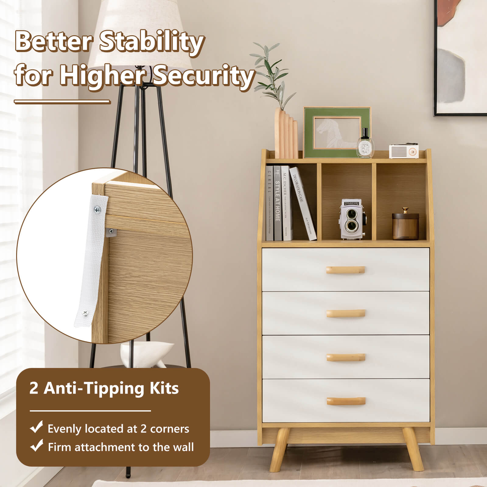 4-Drawer Dresser with 2 Anti-Tipping Kits for Bedroom, Natural - Gallery Canada