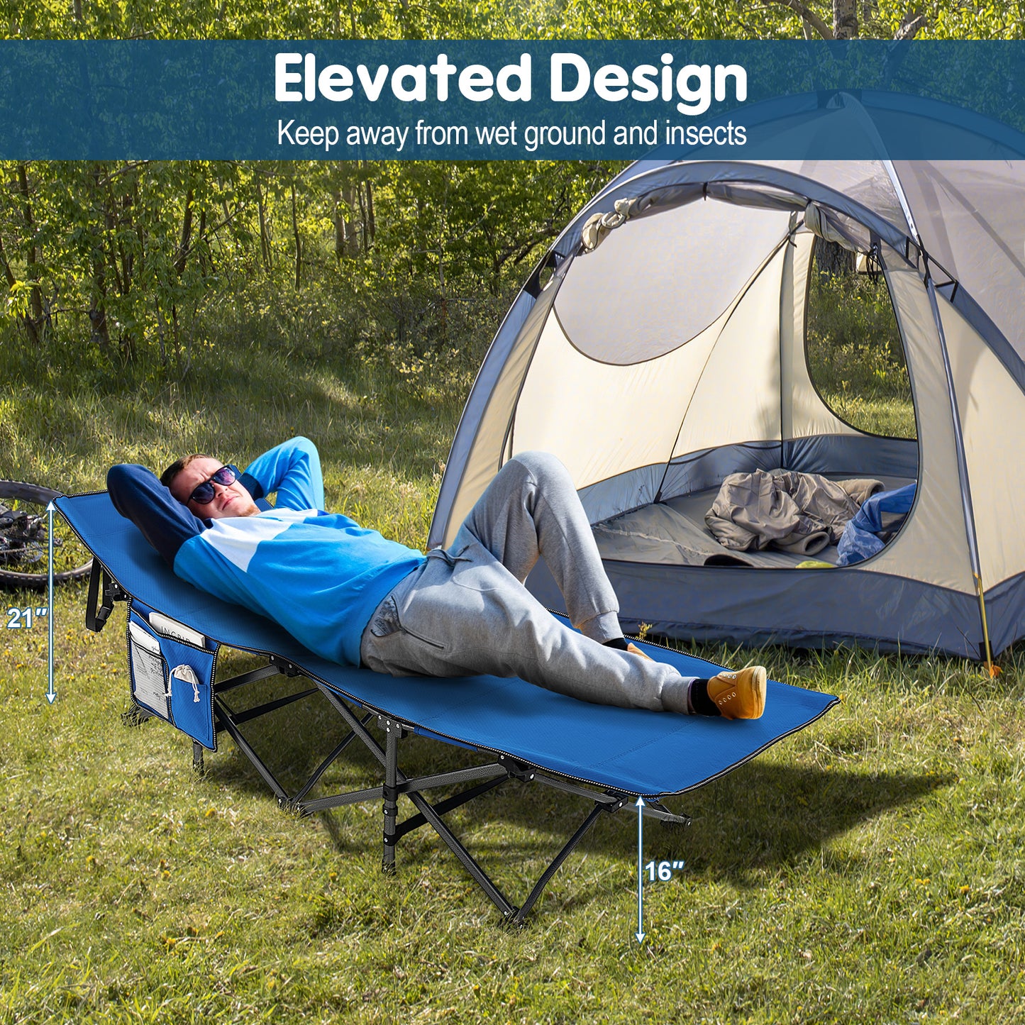 Wide Foldable Camping Cot with Carry Bag, Blue Camping Furniture   at Gallery Canada