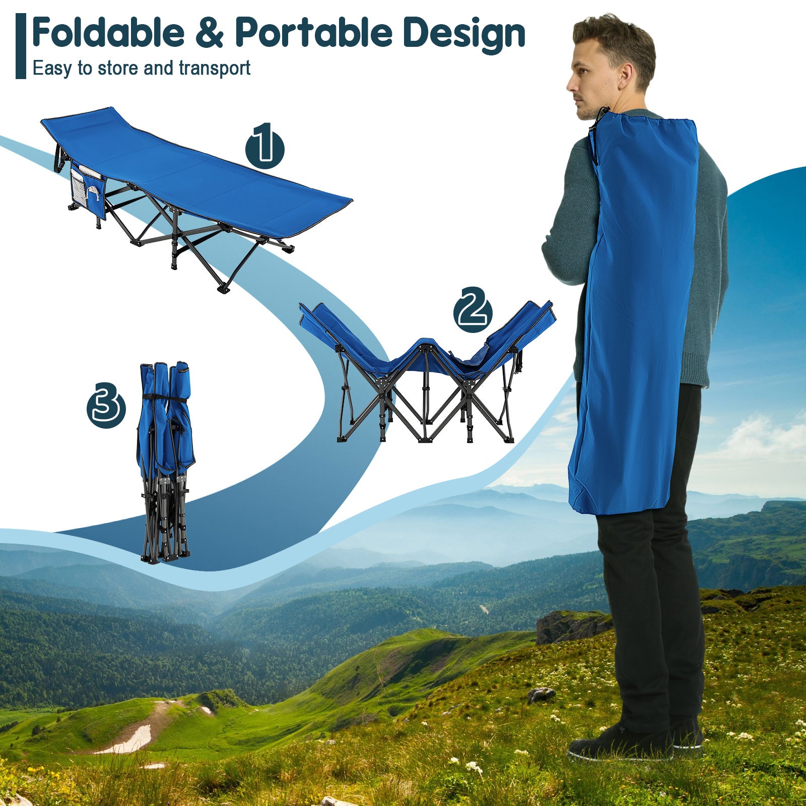 Wide Foldable Camping Cot with Carry Bag, Blue Camping Furniture at Gallery Canada