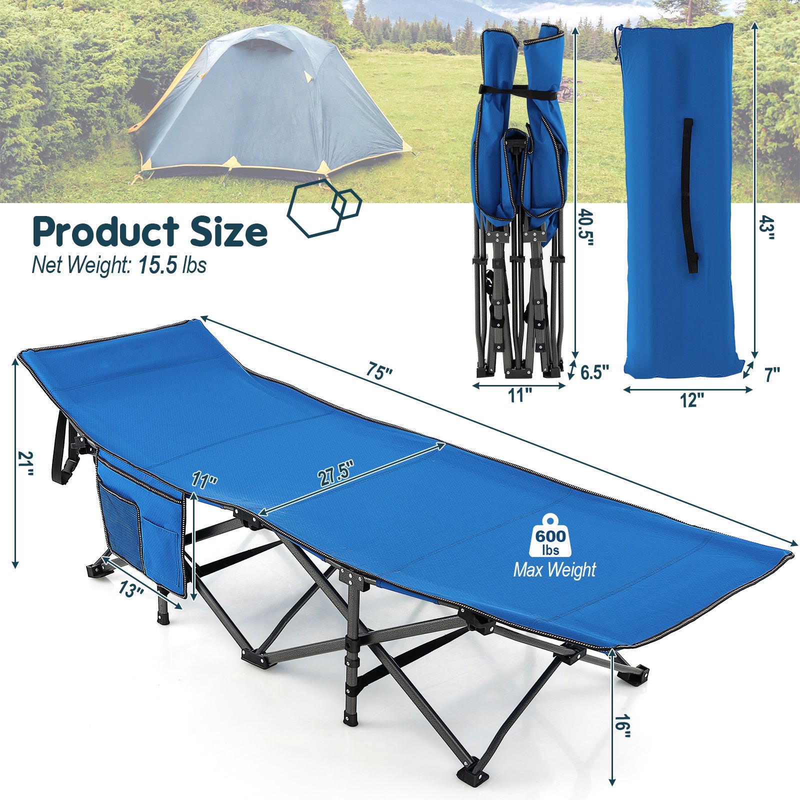 Wide Foldable Camping Cot with Carry Bag, Blue Camping Furniture at Gallery Canada