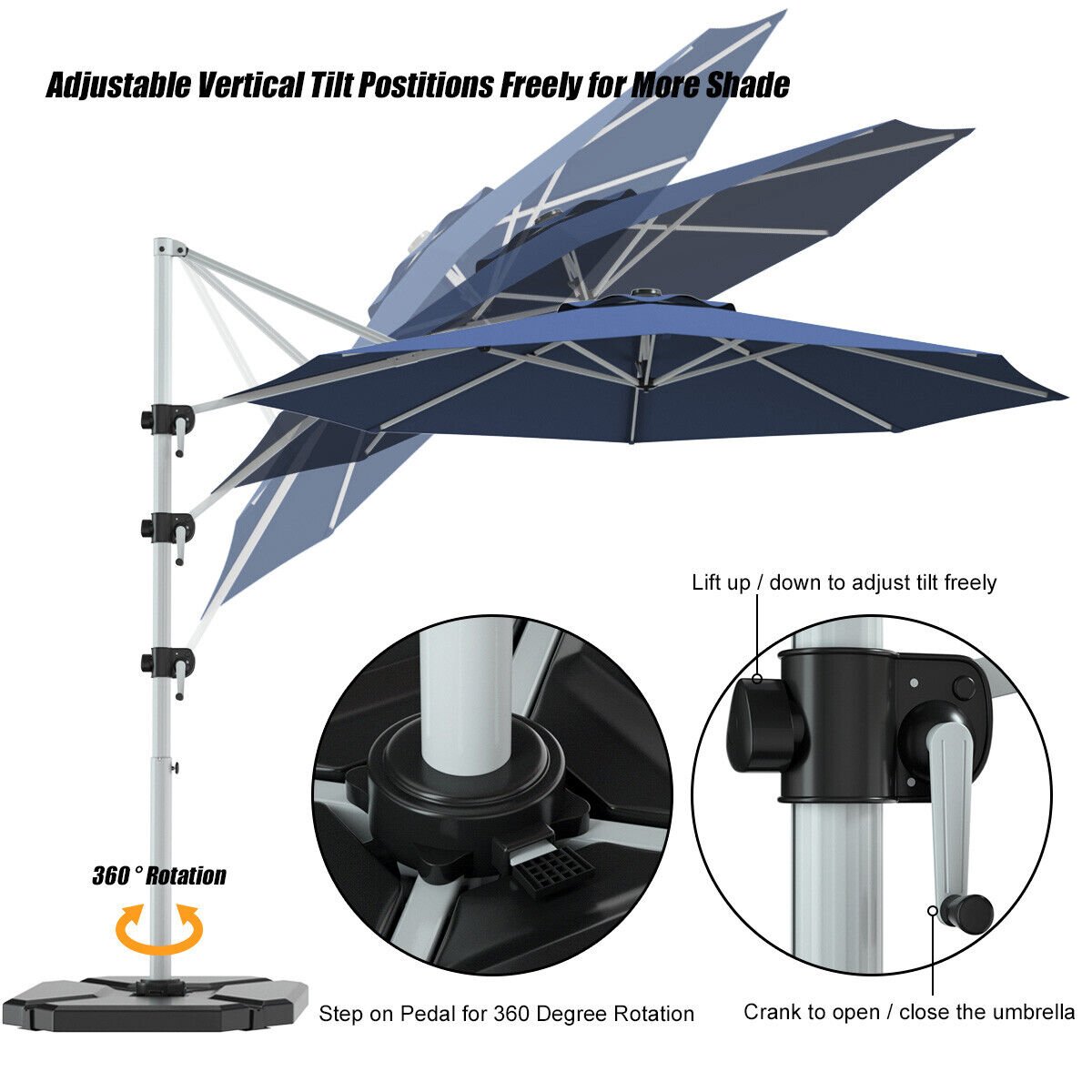 11 Feet Patio Offset Cantilever Umbrella 360° Rotation Aluminum Tilt, Navy Outdoor Umbrellas   at Gallery Canada