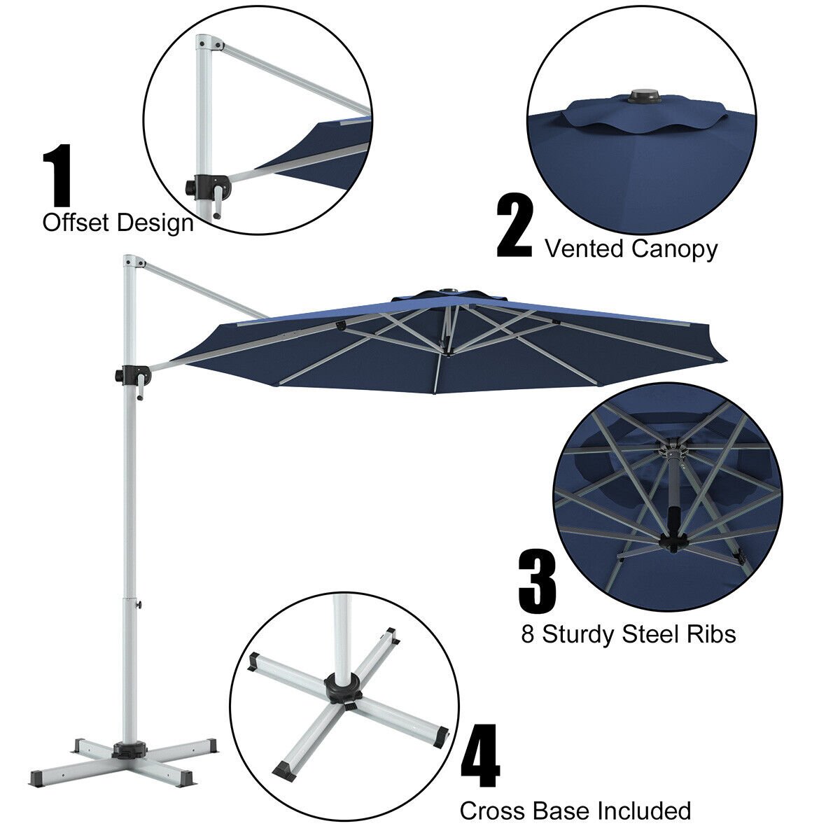 11 Feet Patio Offset Cantilever Umbrella 360° Rotation Aluminum Tilt, Navy Outdoor Umbrellas   at Gallery Canada