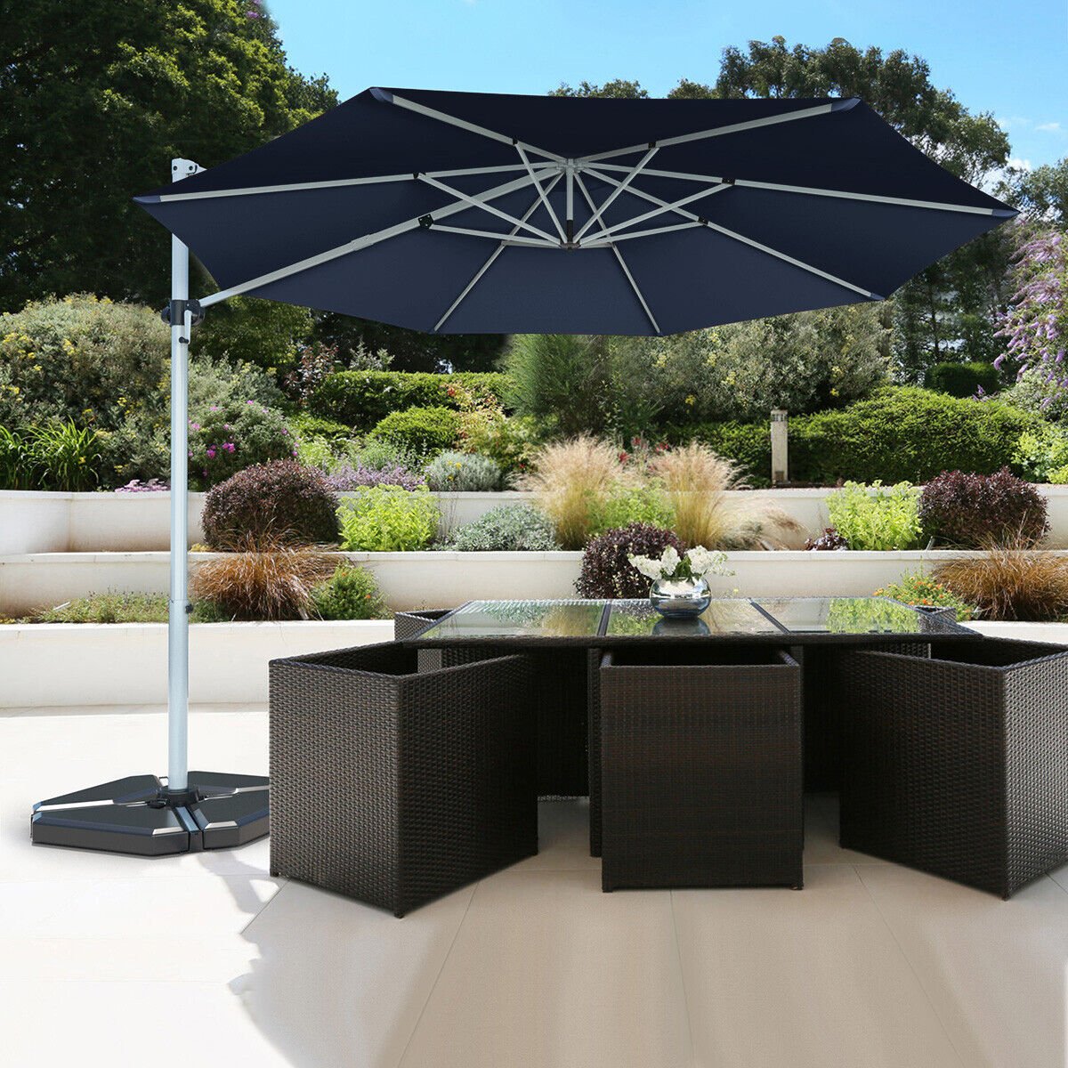 11 Feet Patio Offset Cantilever Umbrella 360° Rotation Aluminum Tilt, Navy Outdoor Umbrellas   at Gallery Canada