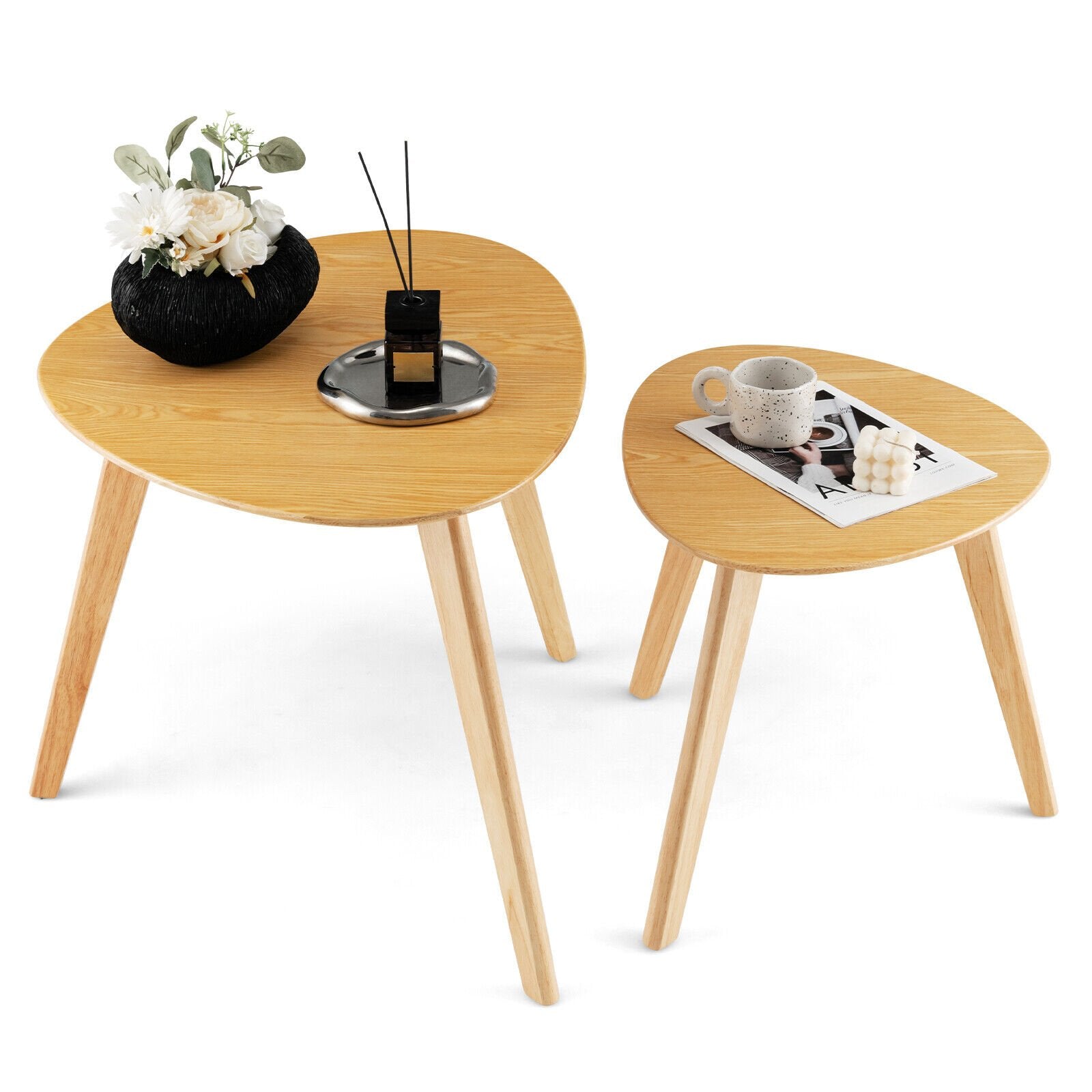 Set of 2 Triangle Modern Coffee Table Rubber Wood for Living Room, Natural Coffee Tables   at Gallery Canada