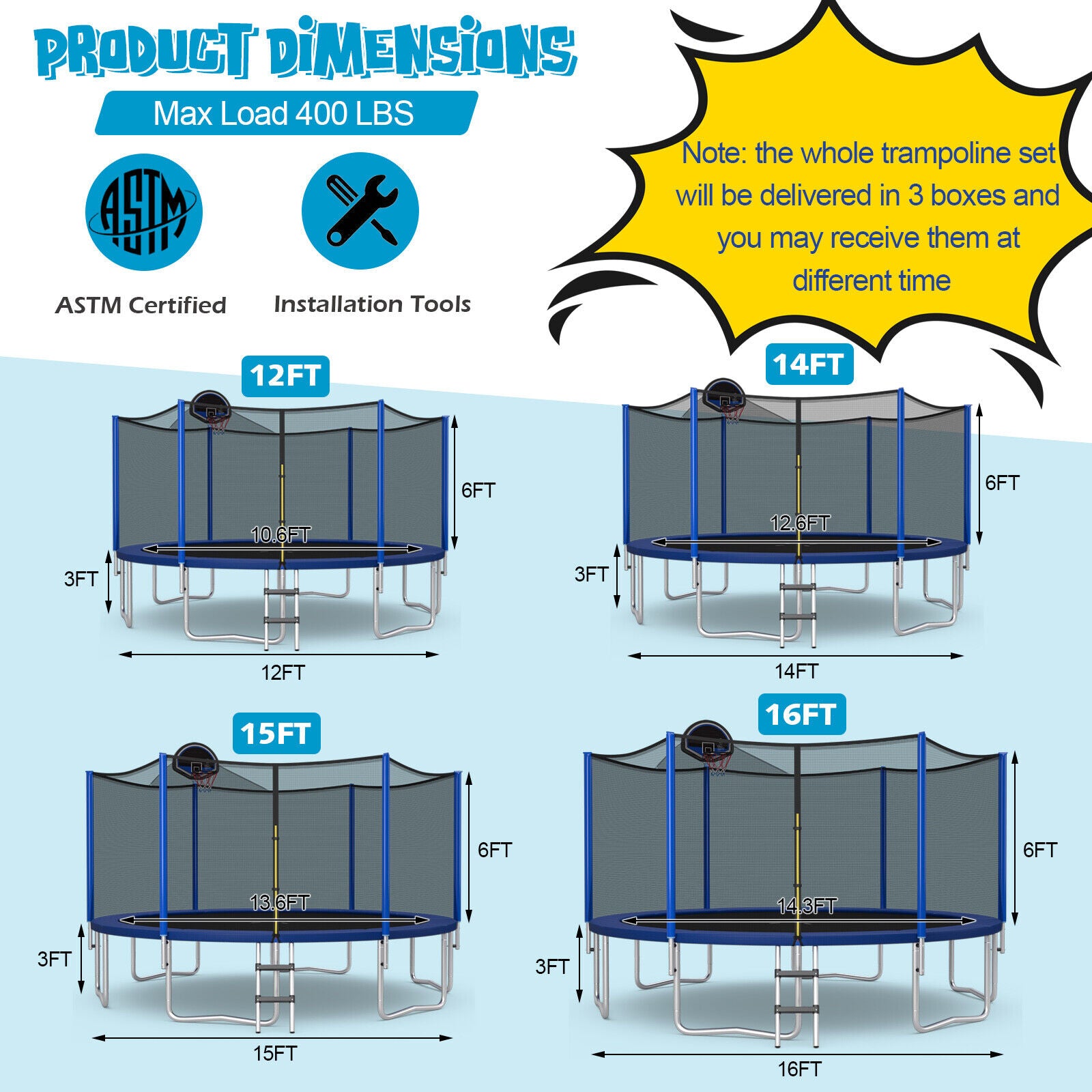 12/14/15/16 Feet Outdoor Recreational Trampoline with Enclosure Net-14 ft, Black Trampolines   at Gallery Canada