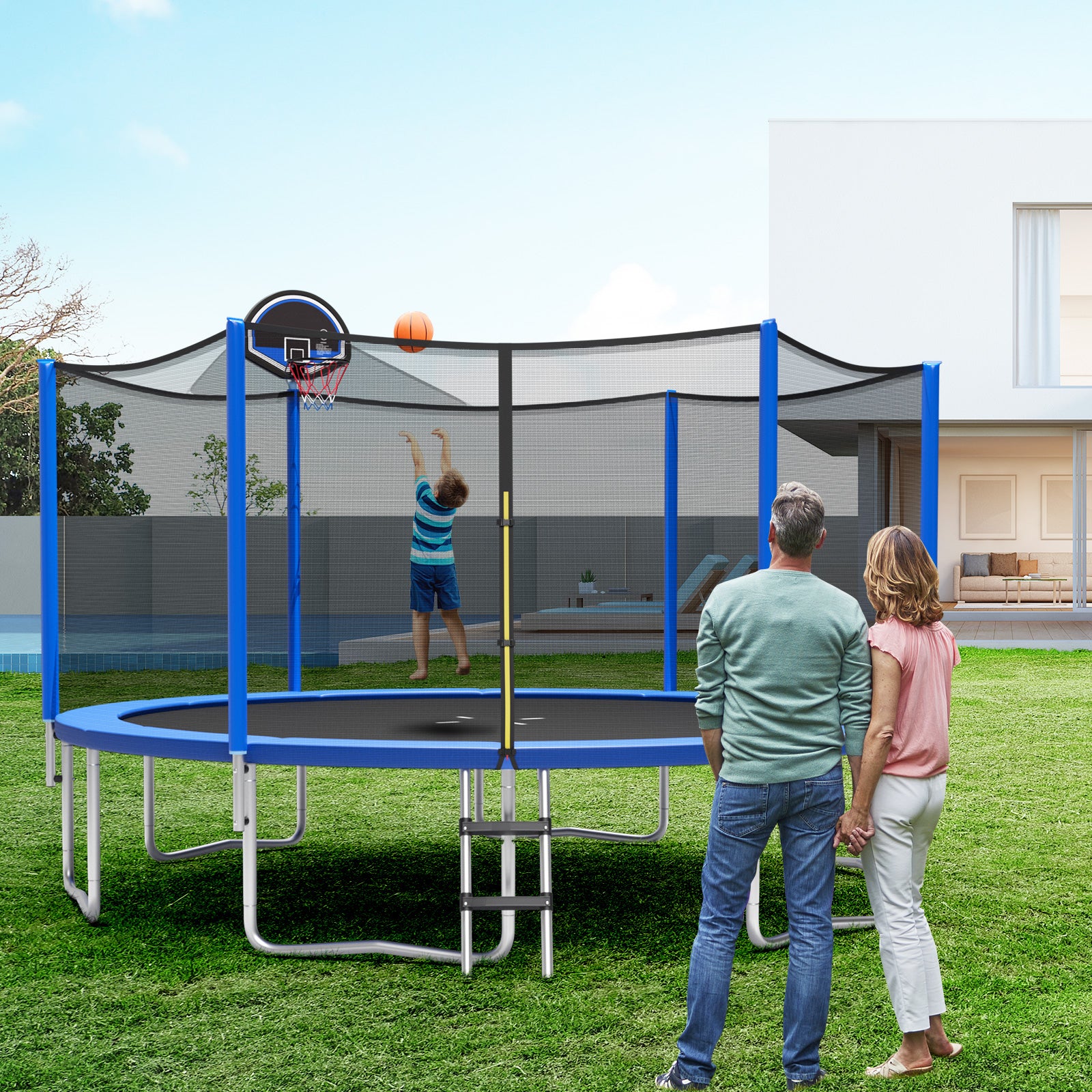 12/14/15/16 Feet Outdoor Recreational Trampoline with Enclosure Net-14 ft, Black Trampolines   at Gallery Canada