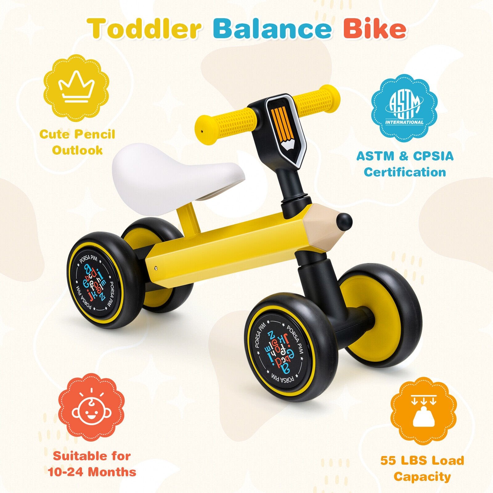 Baby Balance Bike with 4 Silent EVA Wheels and Limited Steering Wheels, Yellow Balance Bikes   at Gallery Canada