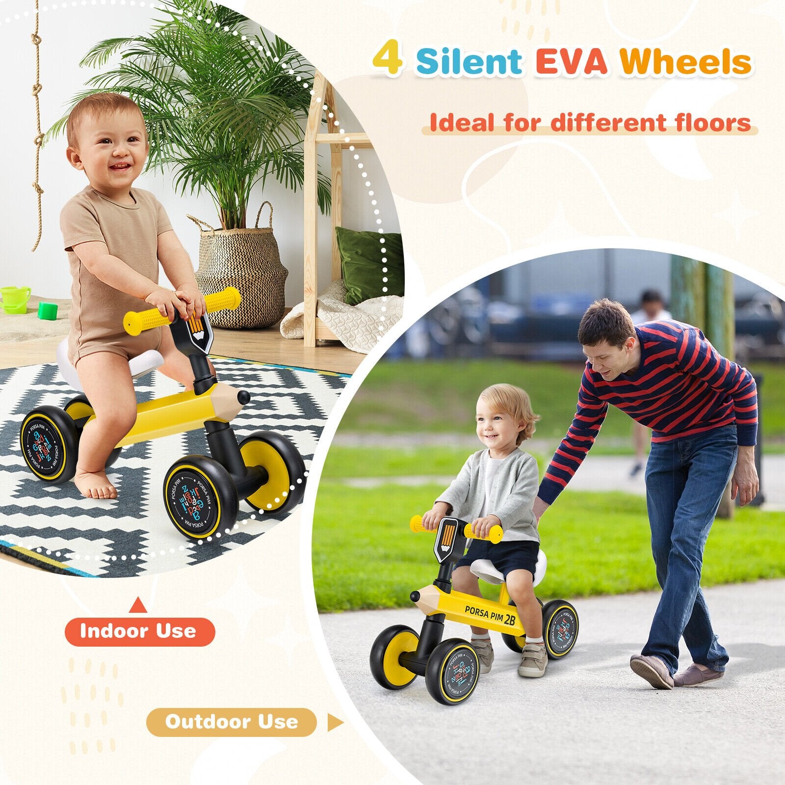 Baby Balance Bike with 4 Silent EVA Wheels and Limited Steering Wheels, Yellow Balance Bikes   at Gallery Canada