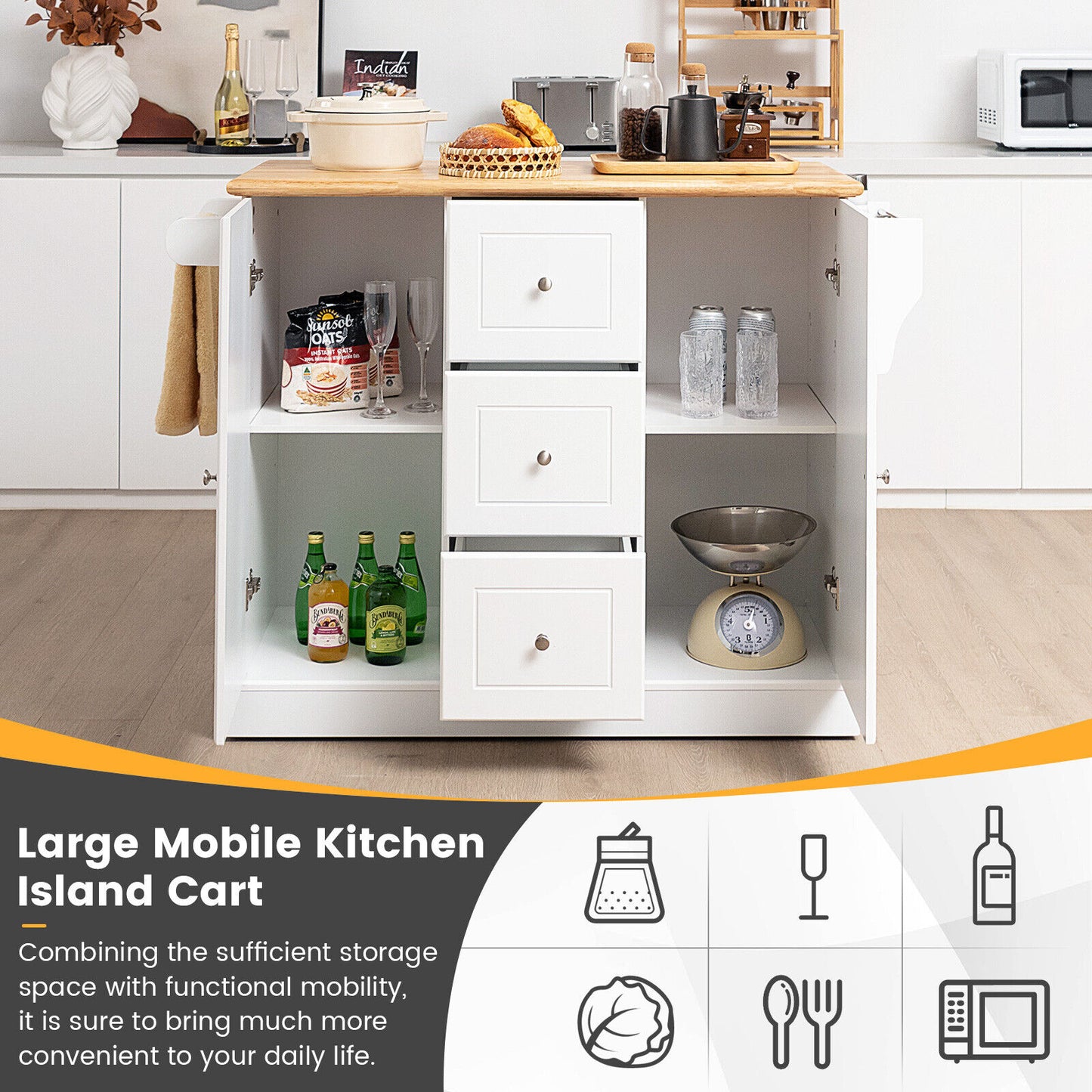 2-Door Large Mobile Kitchen Island Cart with Hidden Wheelsand 3 Drawers, White - Gallery Canada