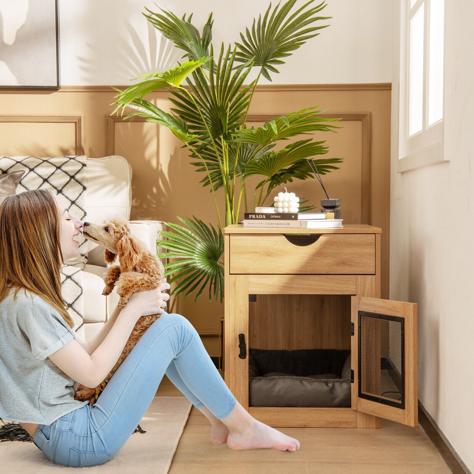 Furniture Style Dog Kennel with Drawer and Removable Dog Bed, Natural Dog Kennels at Gallery Canada