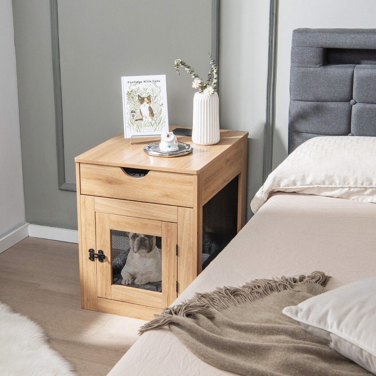 Furniture Style Dog Kennel with Drawer and Removable Dog Bed, Natural Dog Kennels at Gallery Canada