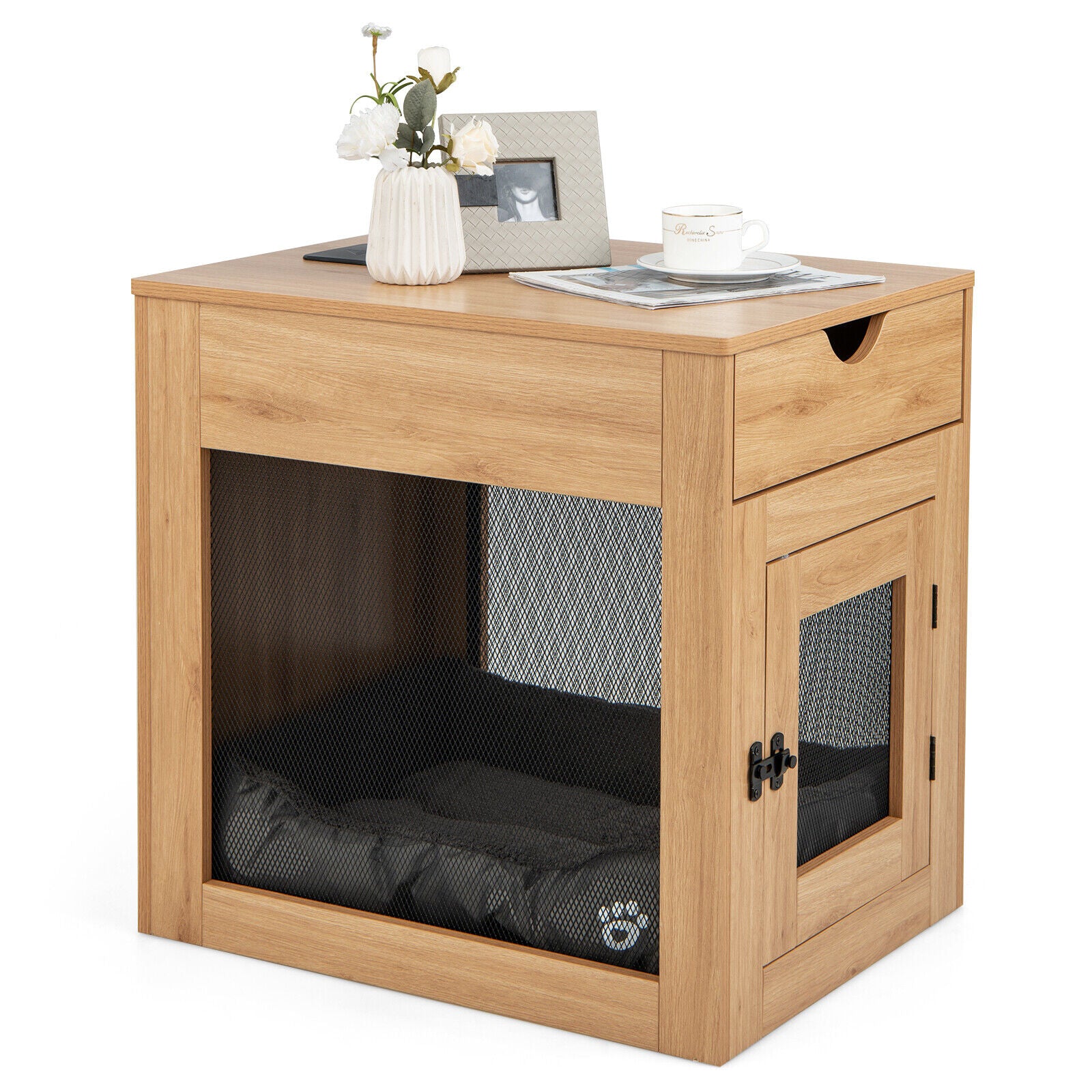 Furniture Style Dog Kennel with Drawer and Removable Dog Bed, Natural Dog Kennels at Gallery Canada