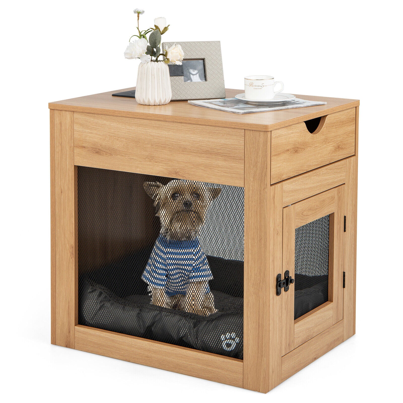 Furniture Style Dog Kennel with Drawer and Removable Dog Bed, Natural Dog Kennels at Gallery Canada