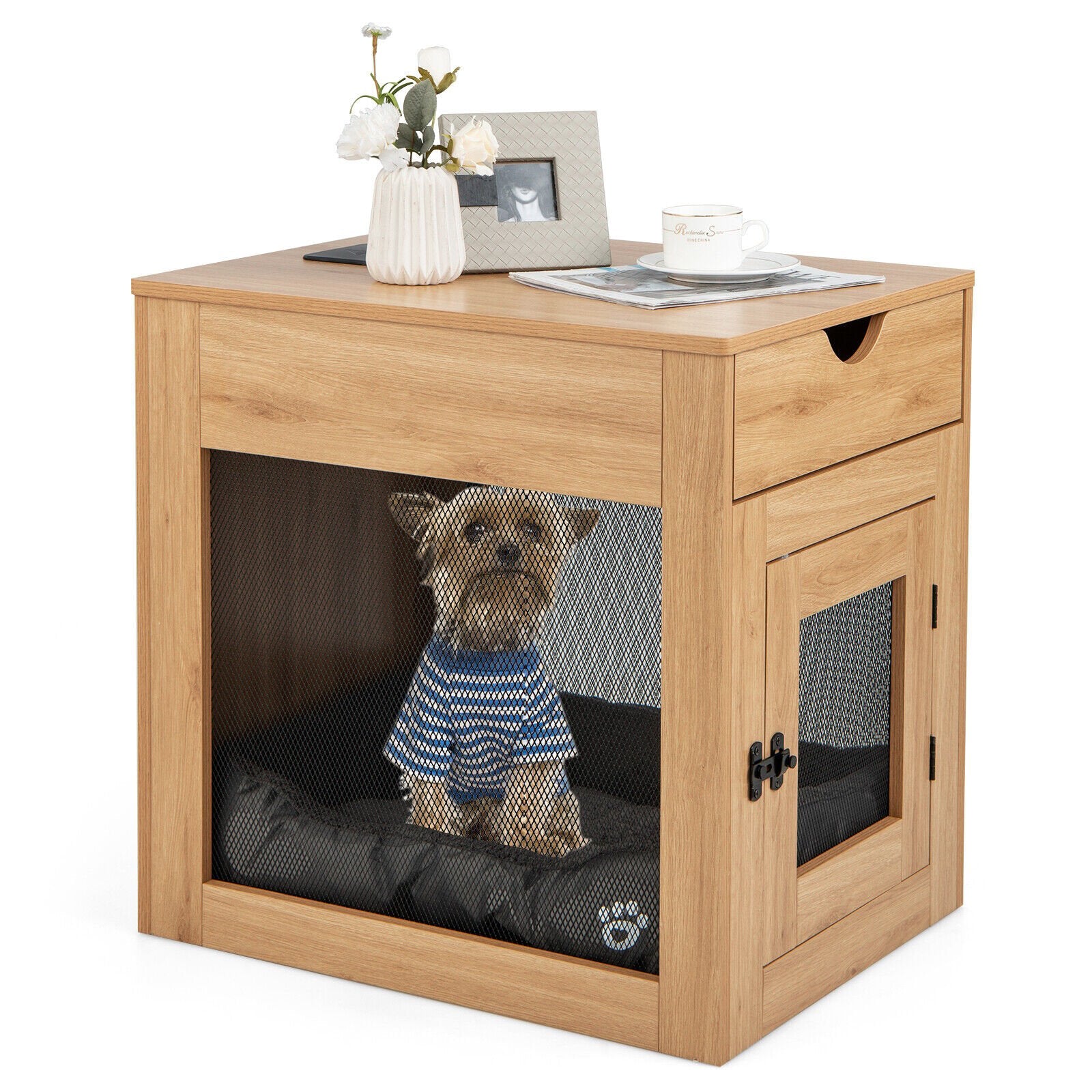 Furniture Style Dog Kennel with Drawer and Removable Dog Bed, Natural - Gallery Canada