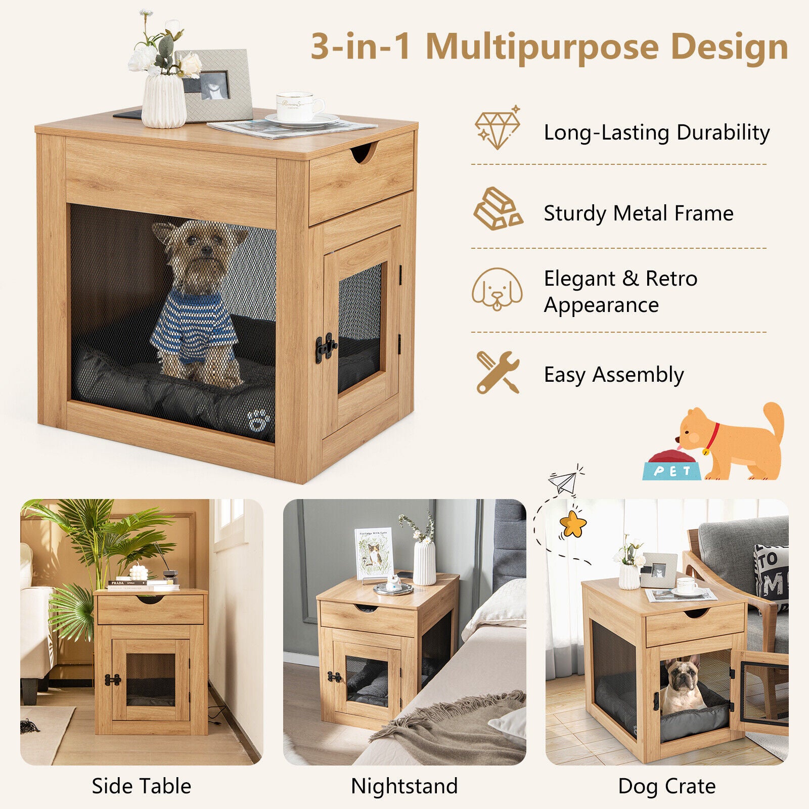 Furniture Style Dog Kennel with Drawer and Removable Dog Bed, Natural Dog Kennels at Gallery Canada