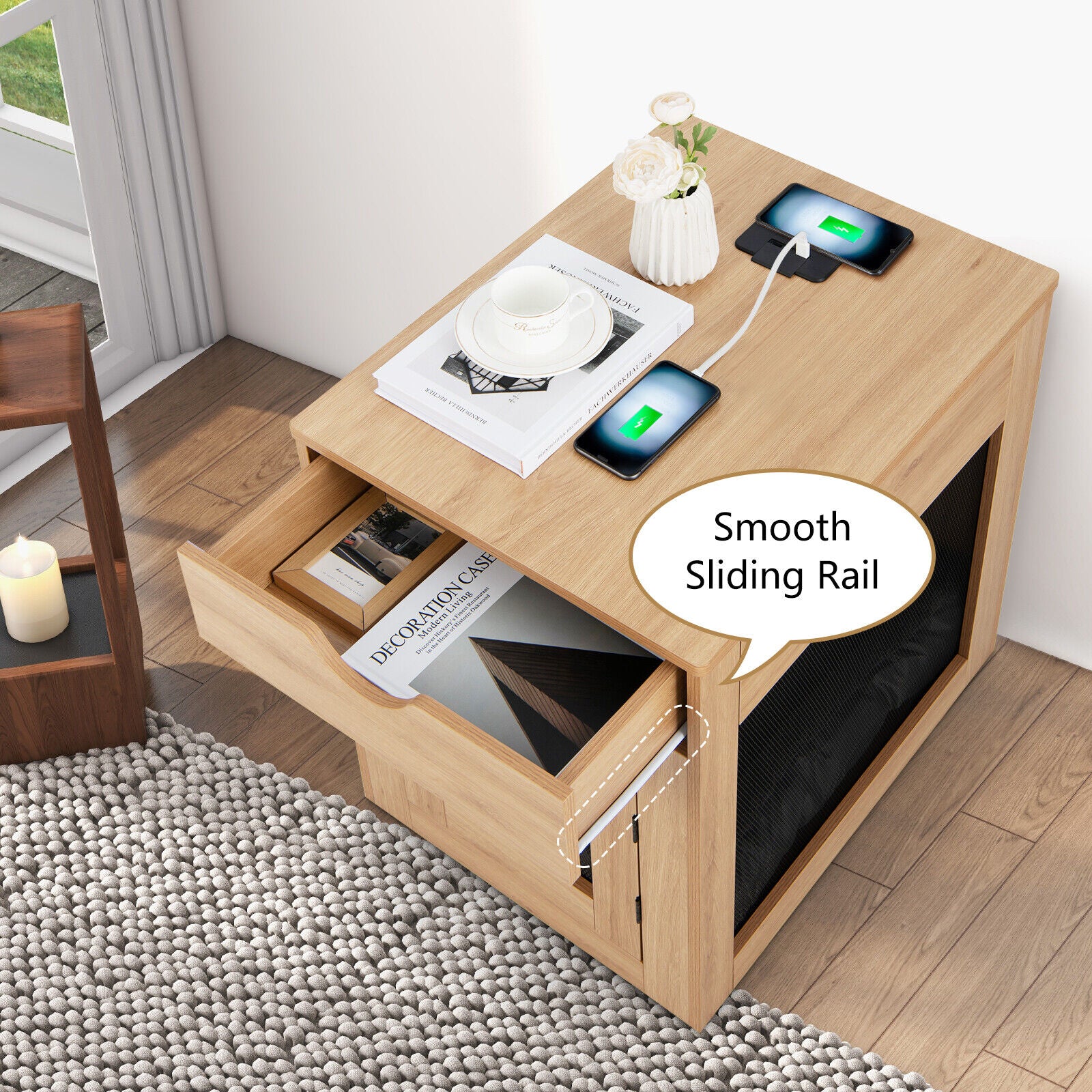 Furniture Style Dog Kennel with Drawer and Removable Dog Bed, Natural Dog Kennels at Gallery Canada