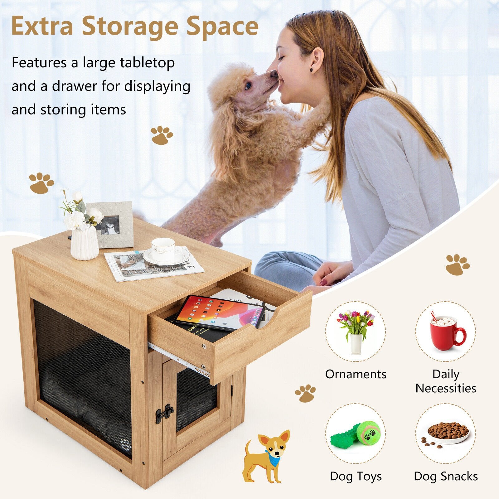 Furniture Style Dog Kennel with Drawer and Removable Dog Bed, Natural - Gallery Canada