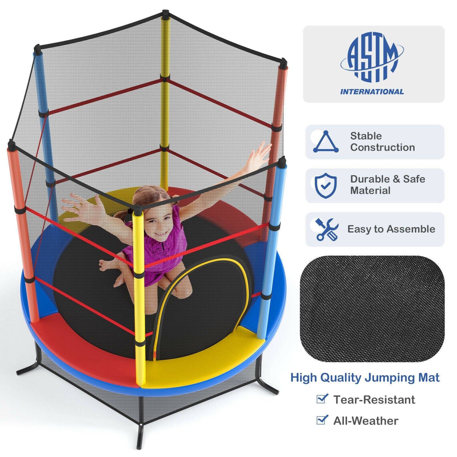 55 Inch Kids Recreational Trampoline Bouncing Jumping Mat with Enclosure Net, Yellow Trampolines   at Gallery Canada