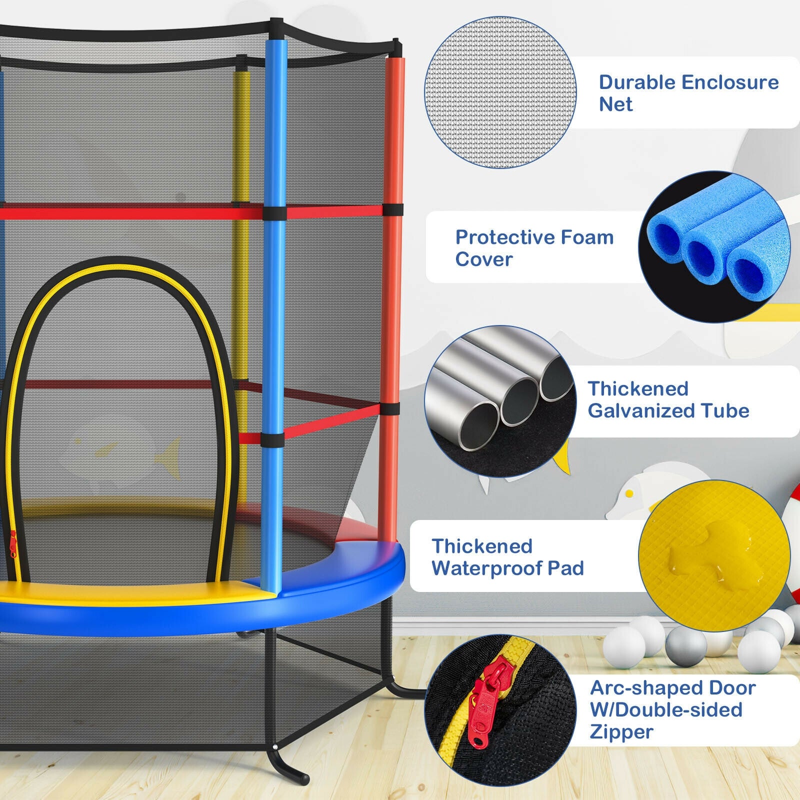 55 Inch Kids Recreational Trampoline Bouncing Jumping Mat with Enclosure Net, Yellow Trampolines   at Gallery Canada