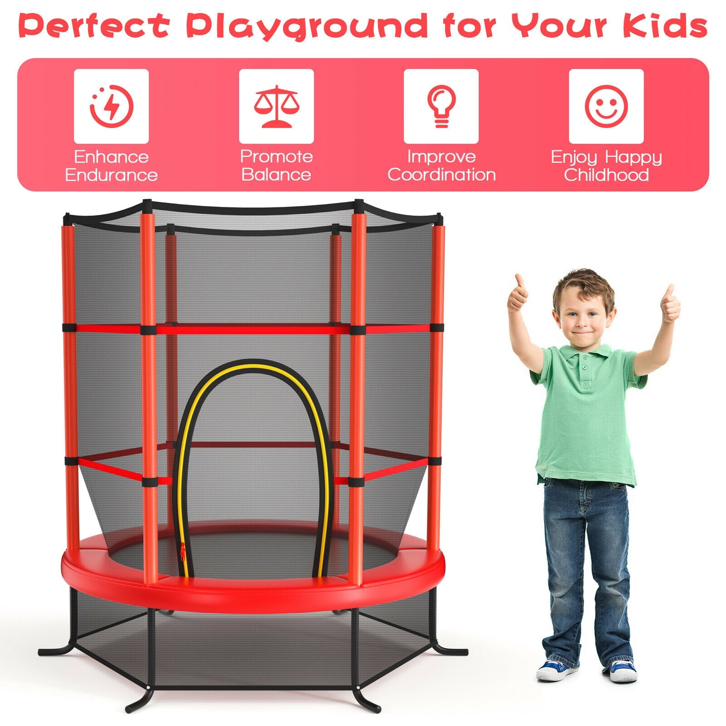 55 Inch Kids Recreational Trampoline Bouncing Jumping Mat with Enclosure Net, Red Trampolines   at Gallery Canada