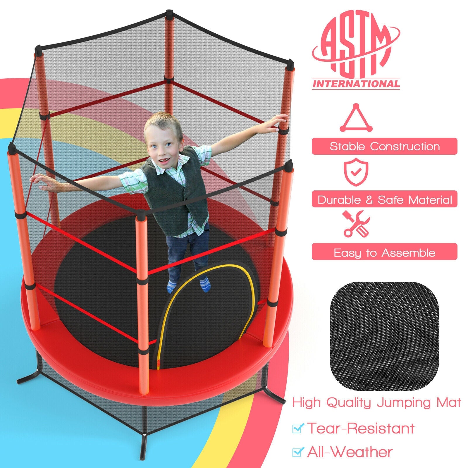 55 Inch Kids Recreational Trampoline Bouncing Jumping Mat with Enclosure Net, Red Trampolines   at Gallery Canada