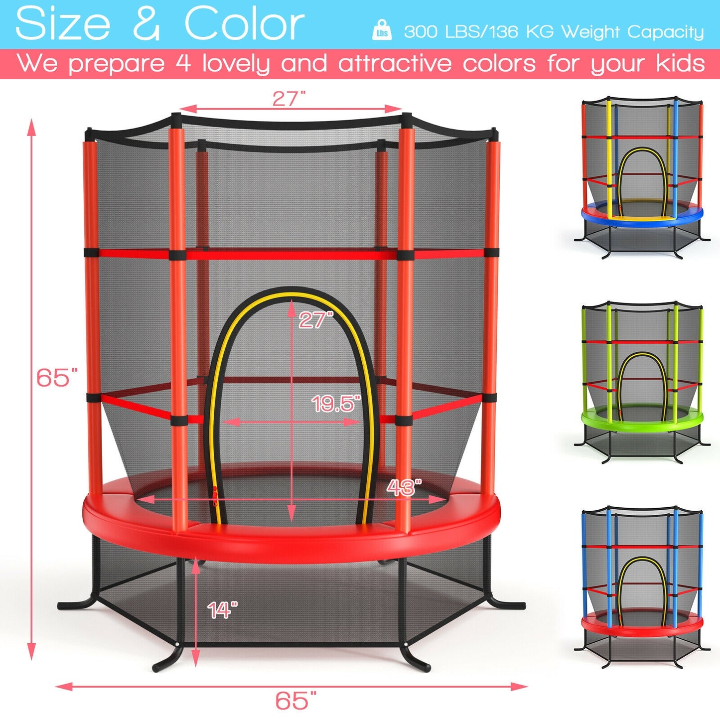 55 Inch Kids Recreational Trampoline Bouncing Jumping Mat with Enclosure Net, Red Trampolines   at Gallery Canada