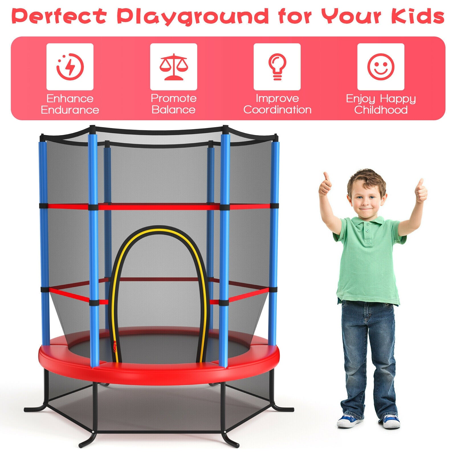 55 Inch Kids Recreational Trampoline Bouncing Jumping Mat with Enclosure Net, Navy Trampolines   at Gallery Canada