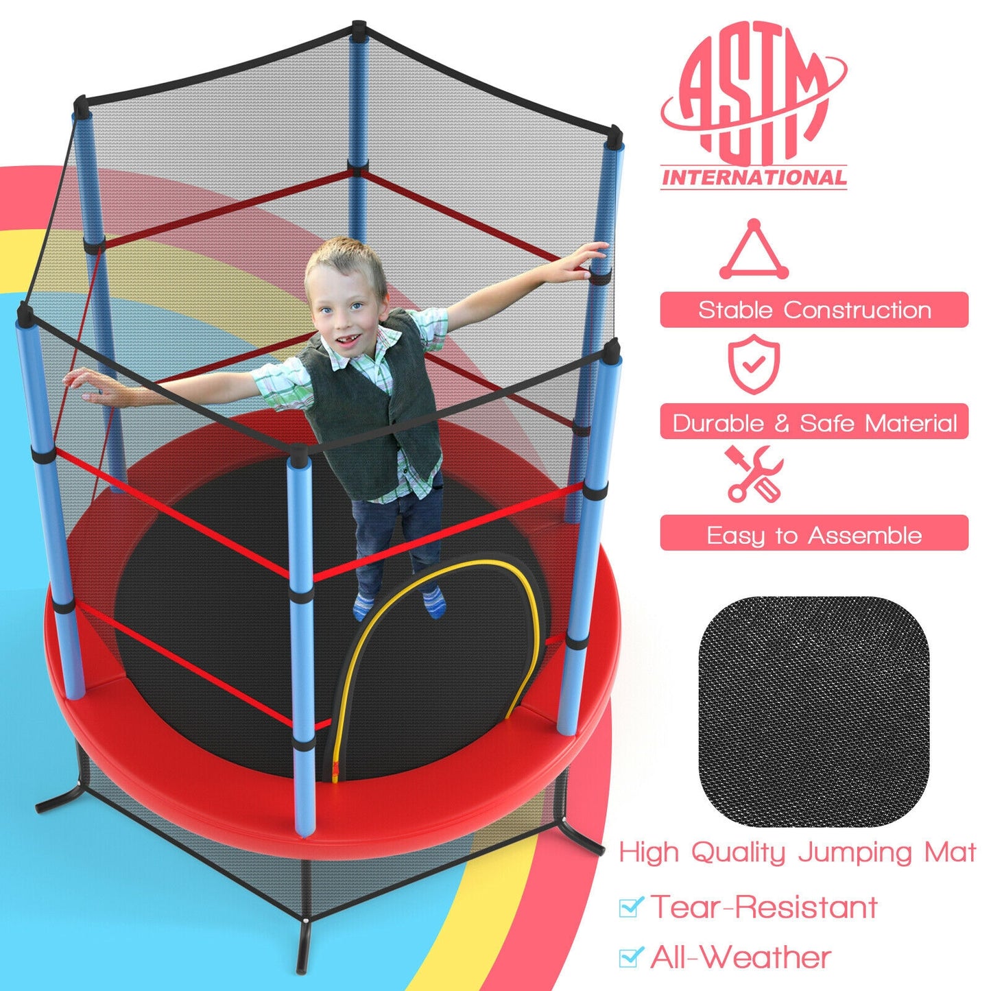 55 Inch Kids Recreational Trampoline Bouncing Jumping Mat with Enclosure Net, Navy Trampolines   at Gallery Canada