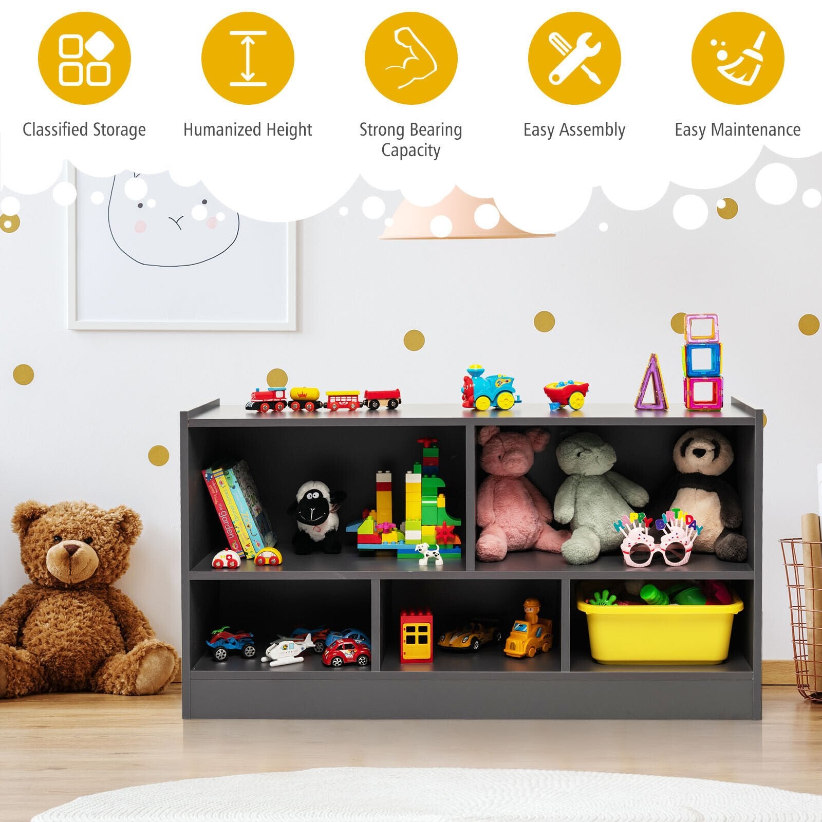 Kids 2-Shelf Bookcase 5-Cube Wood Toy Storage Cabinet Organizer, Gray Kids Storage   at Gallery Canada