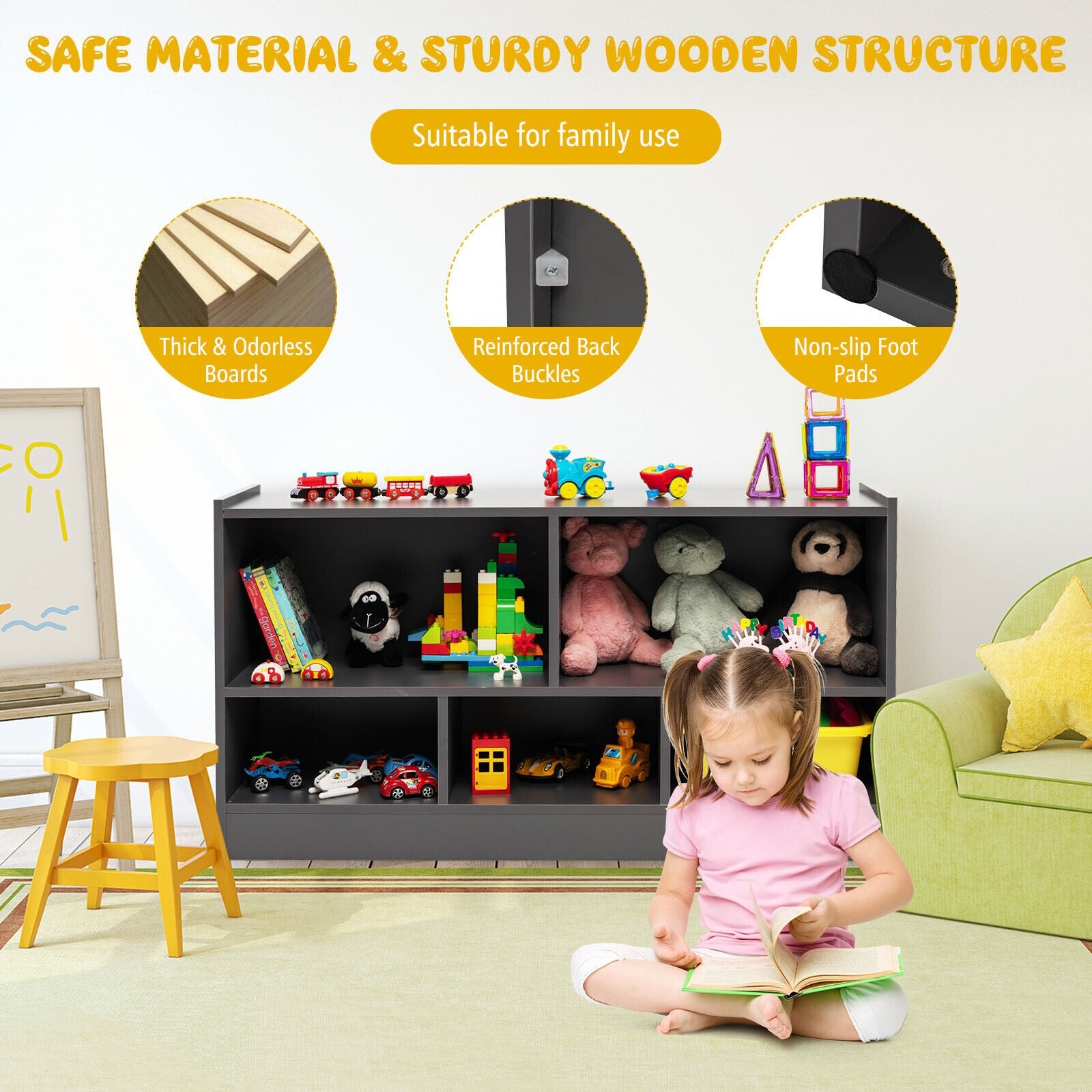 Kids 2-Shelf Bookcase 5-Cube Wood Toy Storage Cabinet Organizer, Gray Kids Storage   at Gallery Canada