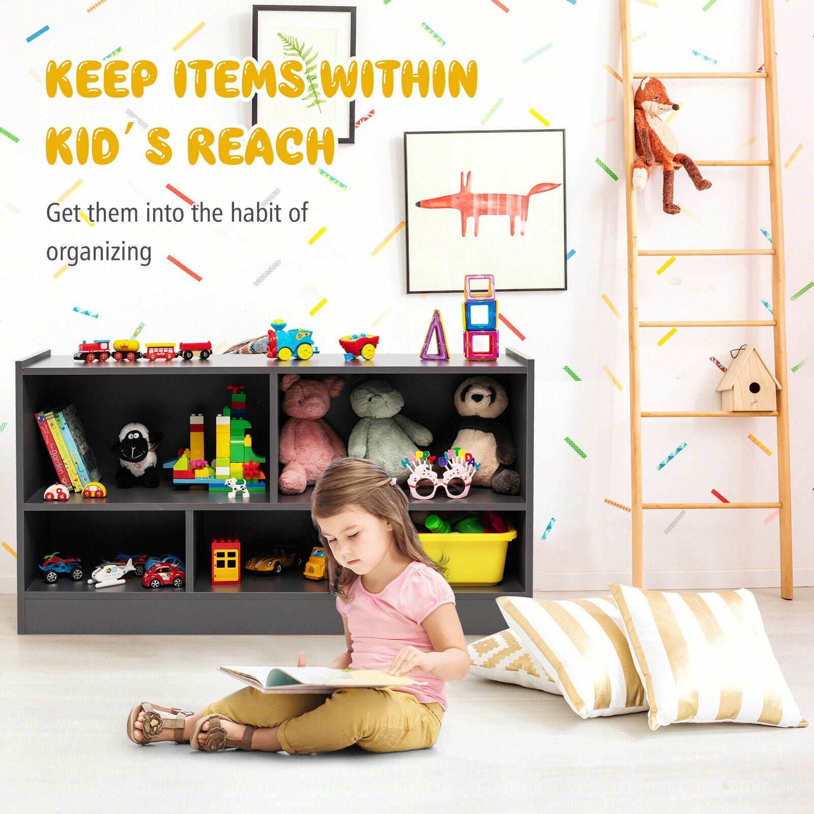 Kids 2-Shelf Bookcase 5-Cube Wood Toy Storage Cabinet Organizer, Gray Kids Storage   at Gallery Canada