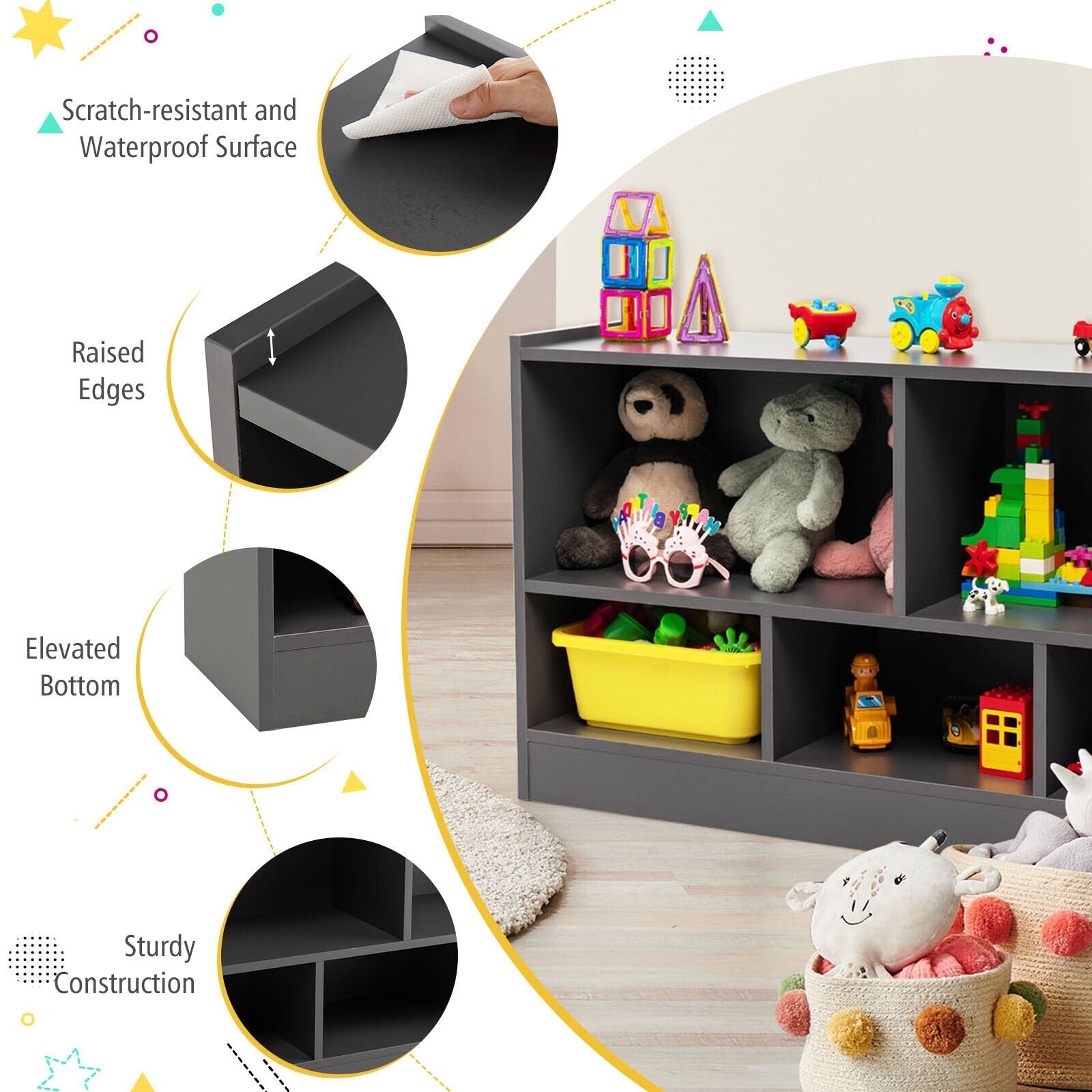 Kids 2-Shelf Bookcase 5-Cube Wood Toy Storage Cabinet Organizer, Gray Kids Storage   at Gallery Canada