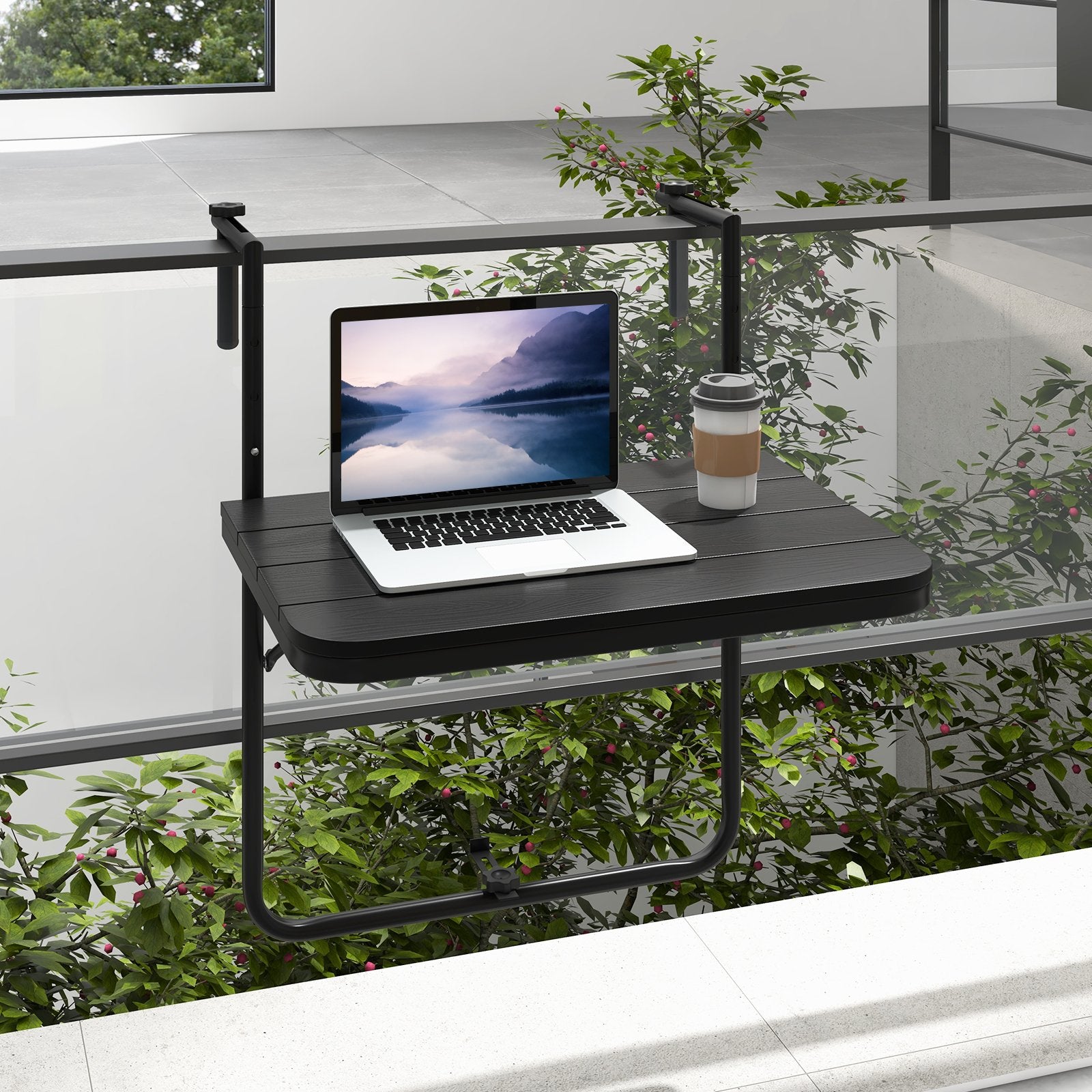 Folding Hanging Table with 3-Level Adjustable Height for Patio Balcony, Black Patio Tables   at Gallery Canada