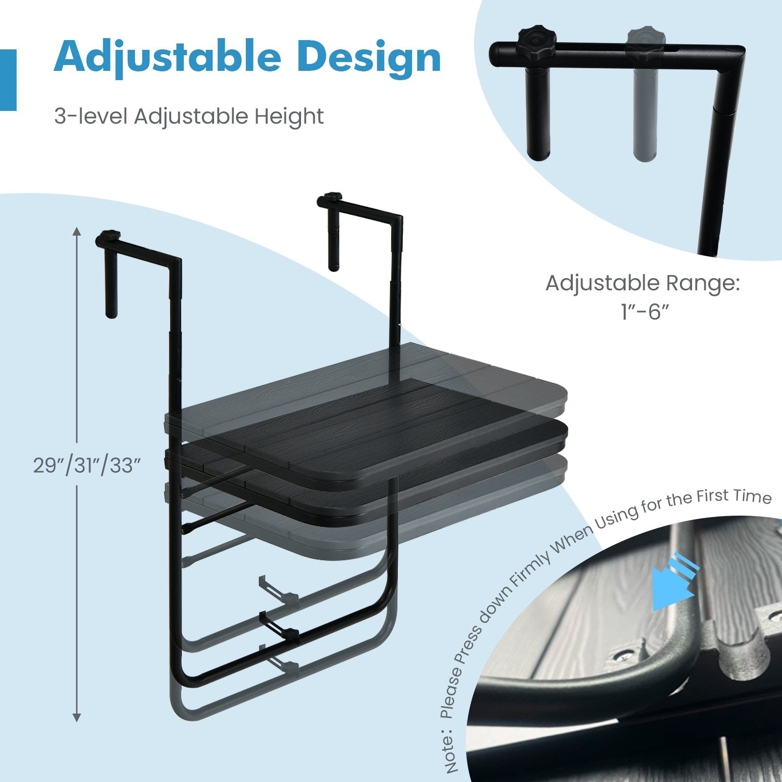 Folding Hanging Table with 3-Level Adjustable Height for Patio Balcony, Black Patio Tables   at Gallery Canada