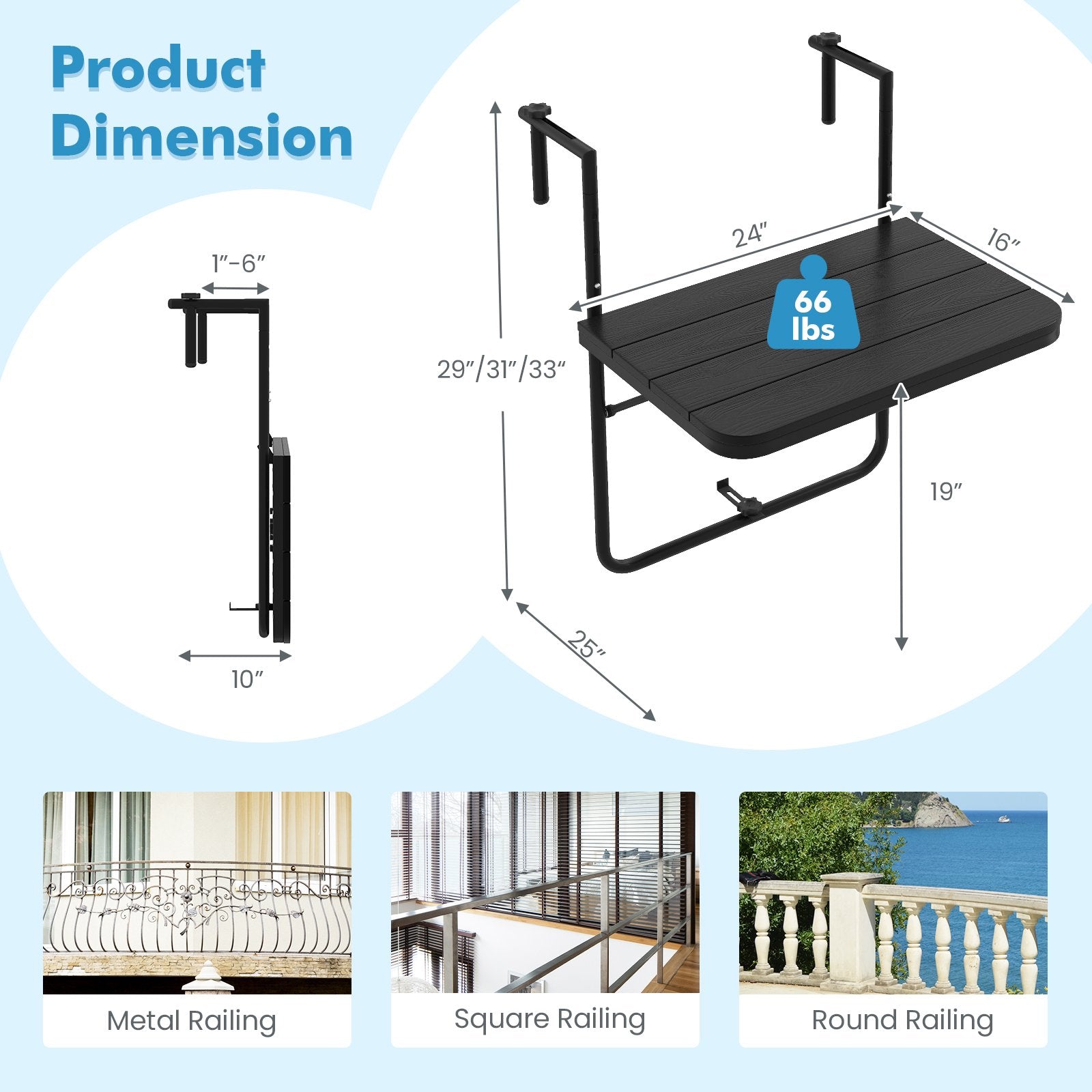 Folding Hanging Table with 3-Level Adjustable Height for Patio Balcony, Black Patio Tables   at Gallery Canada