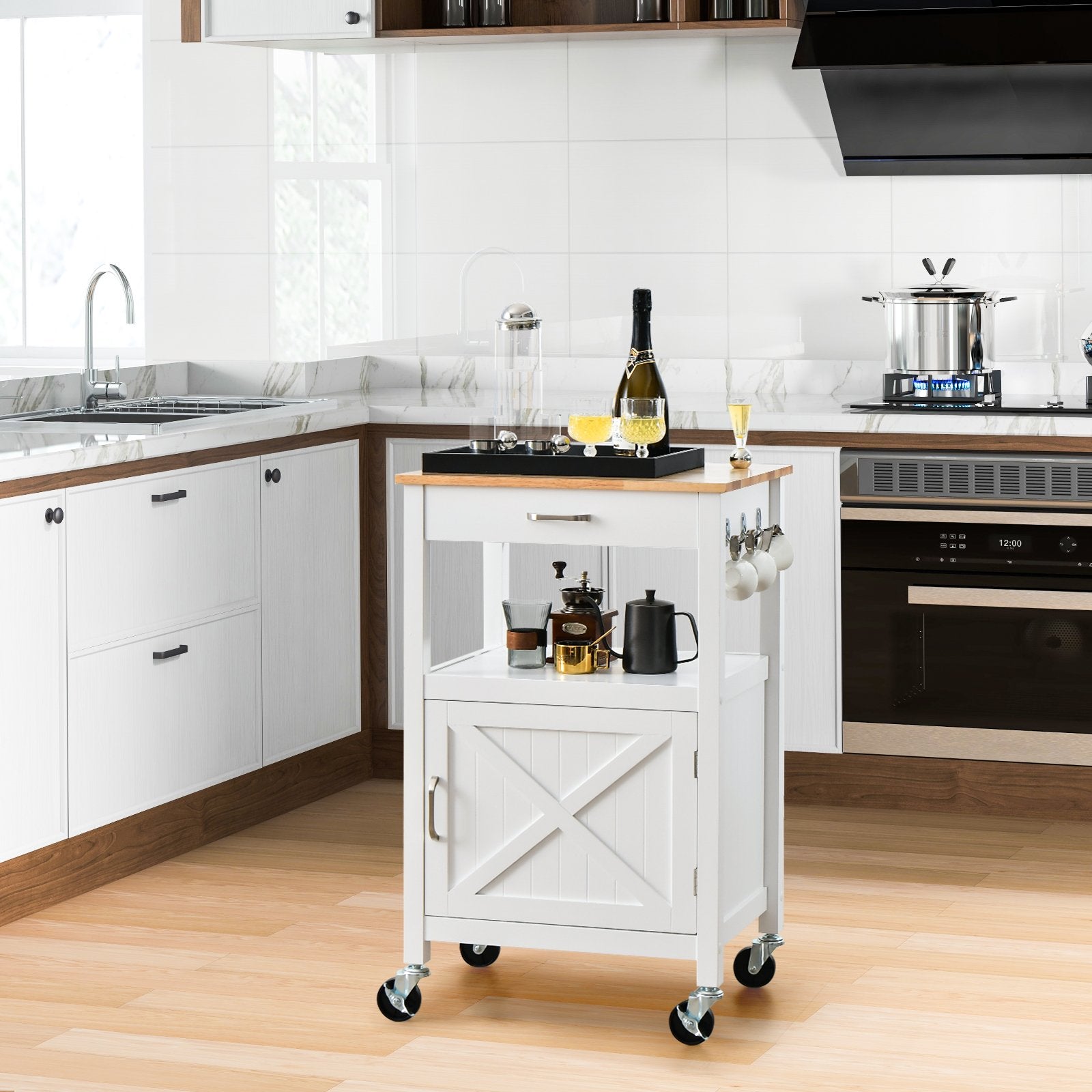 Rolling Kitchen Island Cart with Drawer and Side Hooks, White Kitchen Islands & Carts   at Gallery Canada