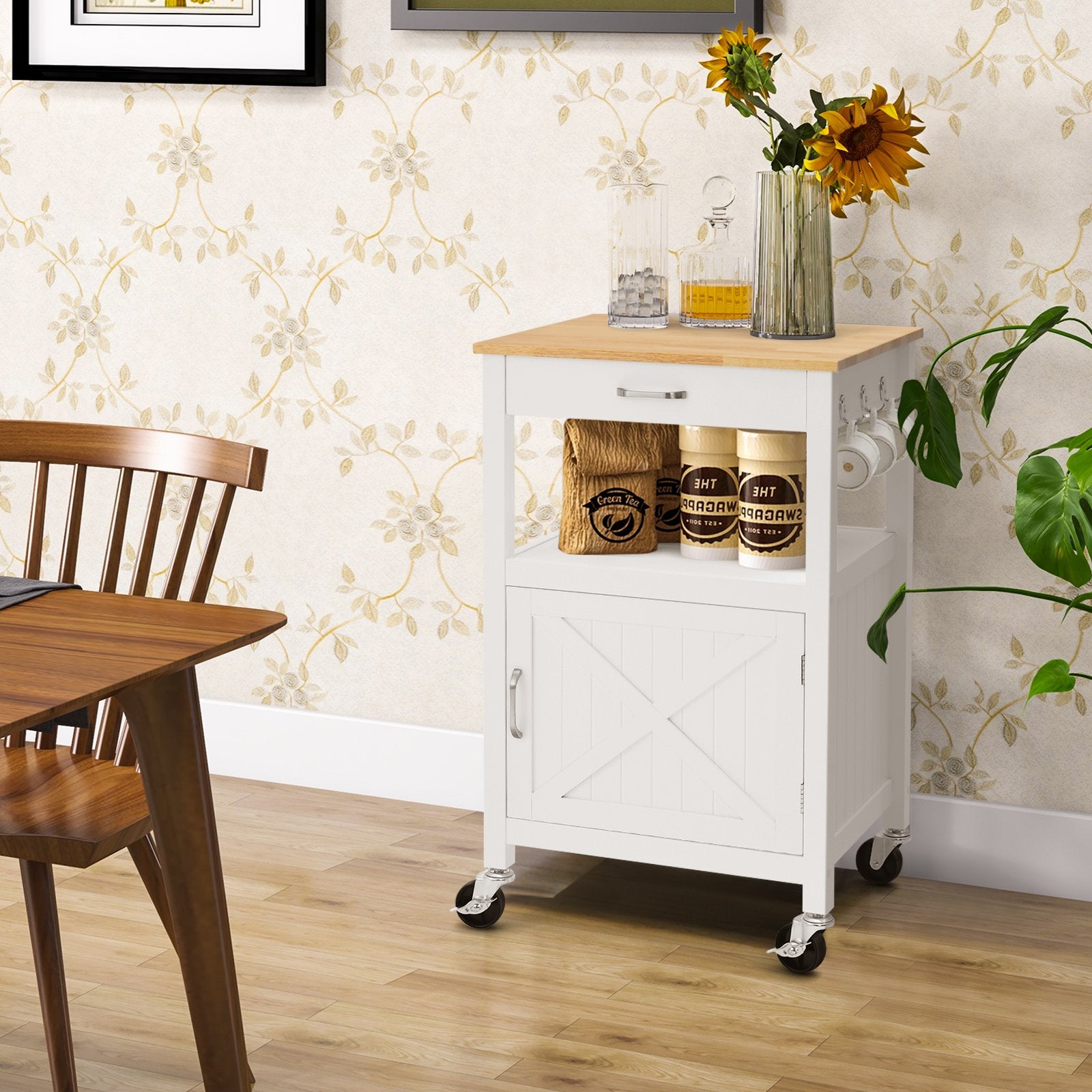 Rolling Kitchen Island Cart with Drawer and Side Hooks, White Kitchen Islands & Carts   at Gallery Canada